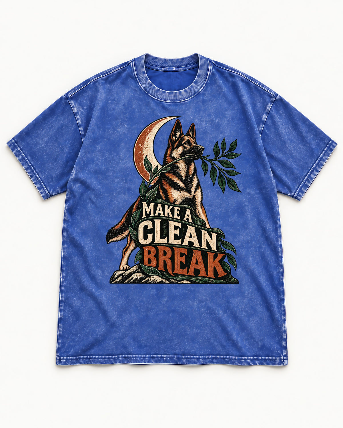 Make A Clean Break Crescent Botanical German Shepherd Dog Graphic Washed Tee in Royal Blue, flat lay product photo