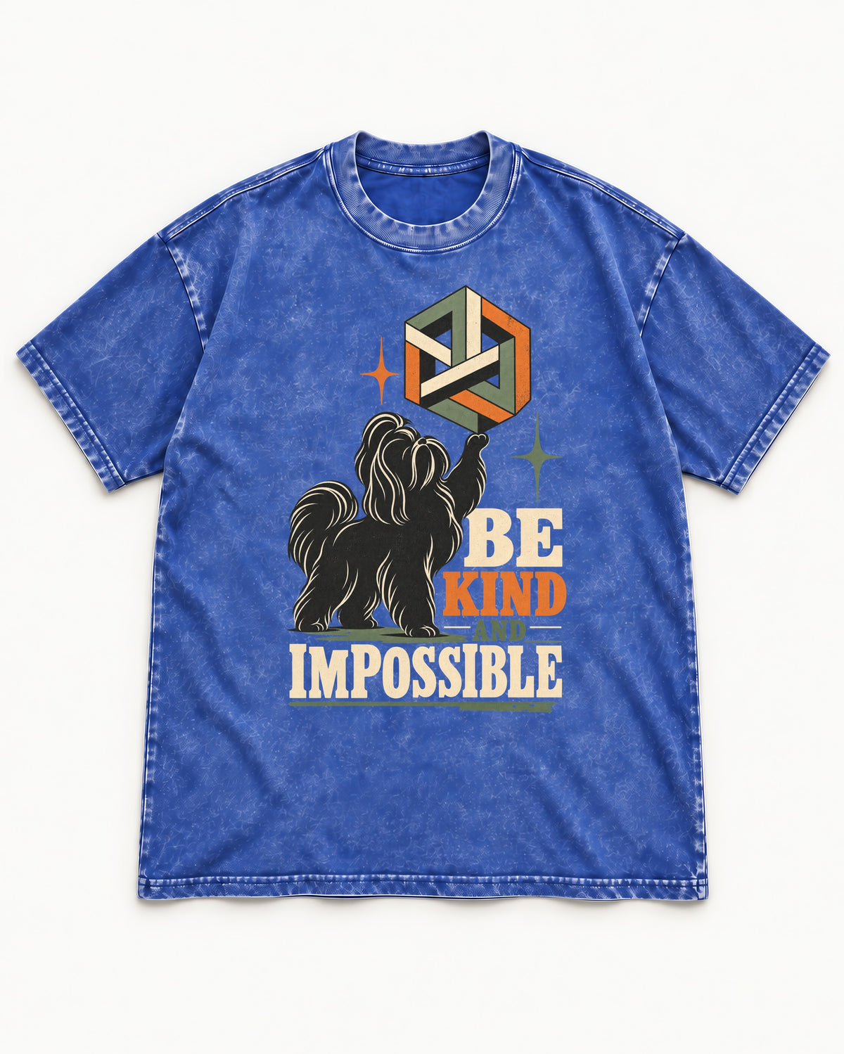 Shih Tzu Be Kind and Impossible Geometric Cube Graphic Washed Tee in Royal Blue, flat lay product photo