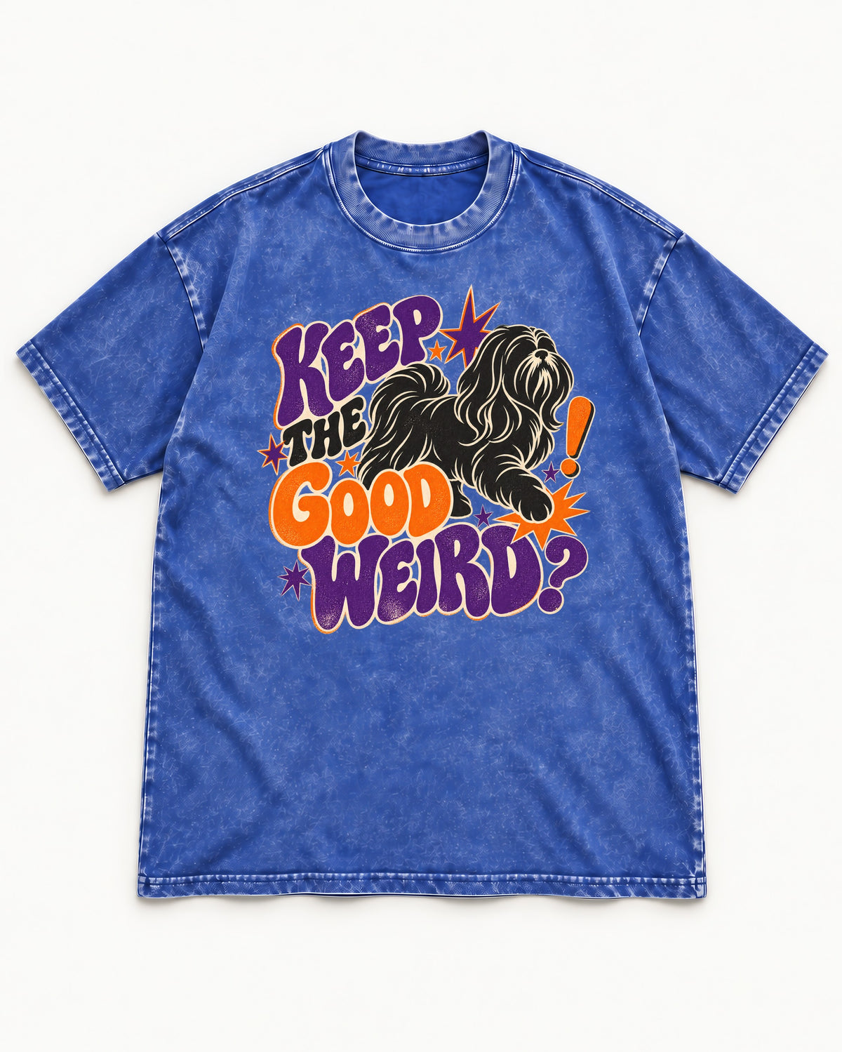 Shih Tzu Keep the Good Weird Retro Typography Graphic Washed Tee in Royal Blue, flat lay product photo