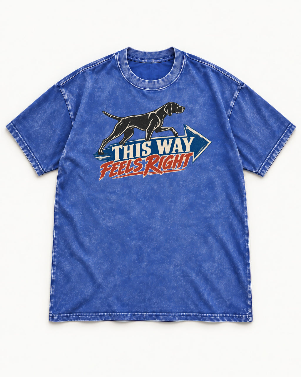 This Way Feels Right Arrow German Shorthaired Pointer Graphic Washed Tee in Royal Blue, flat lay product photo