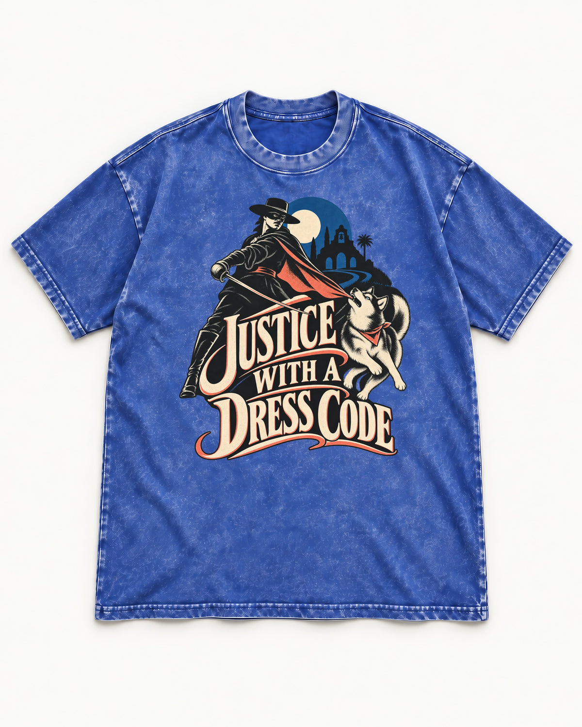 Husky Justice With A Dress Code Masked Swordsman Graphic Washed Tee in Royal Blue, flat lay product photo