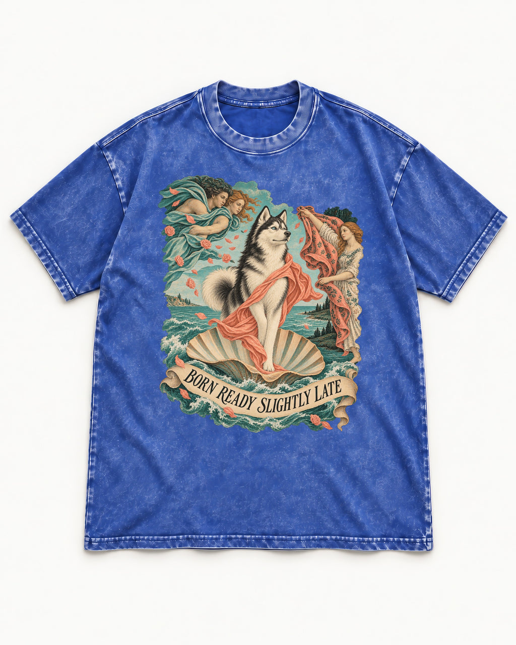Husky Born Ready Slightly Late Renaissance Graphic Washed Tee in Royal Blue, flat lay product photo