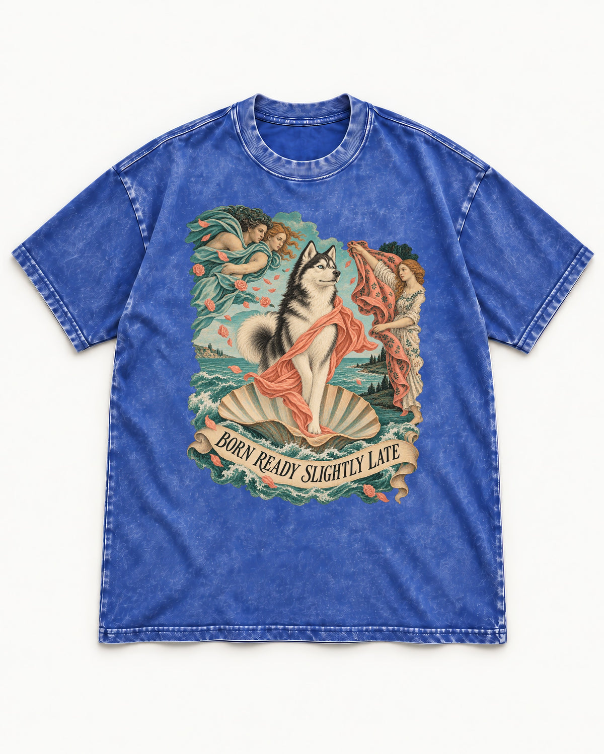 Husky Born Ready Slightly Late Renaissance Graphic Washed Tee in Royal Blue, flat lay product photo