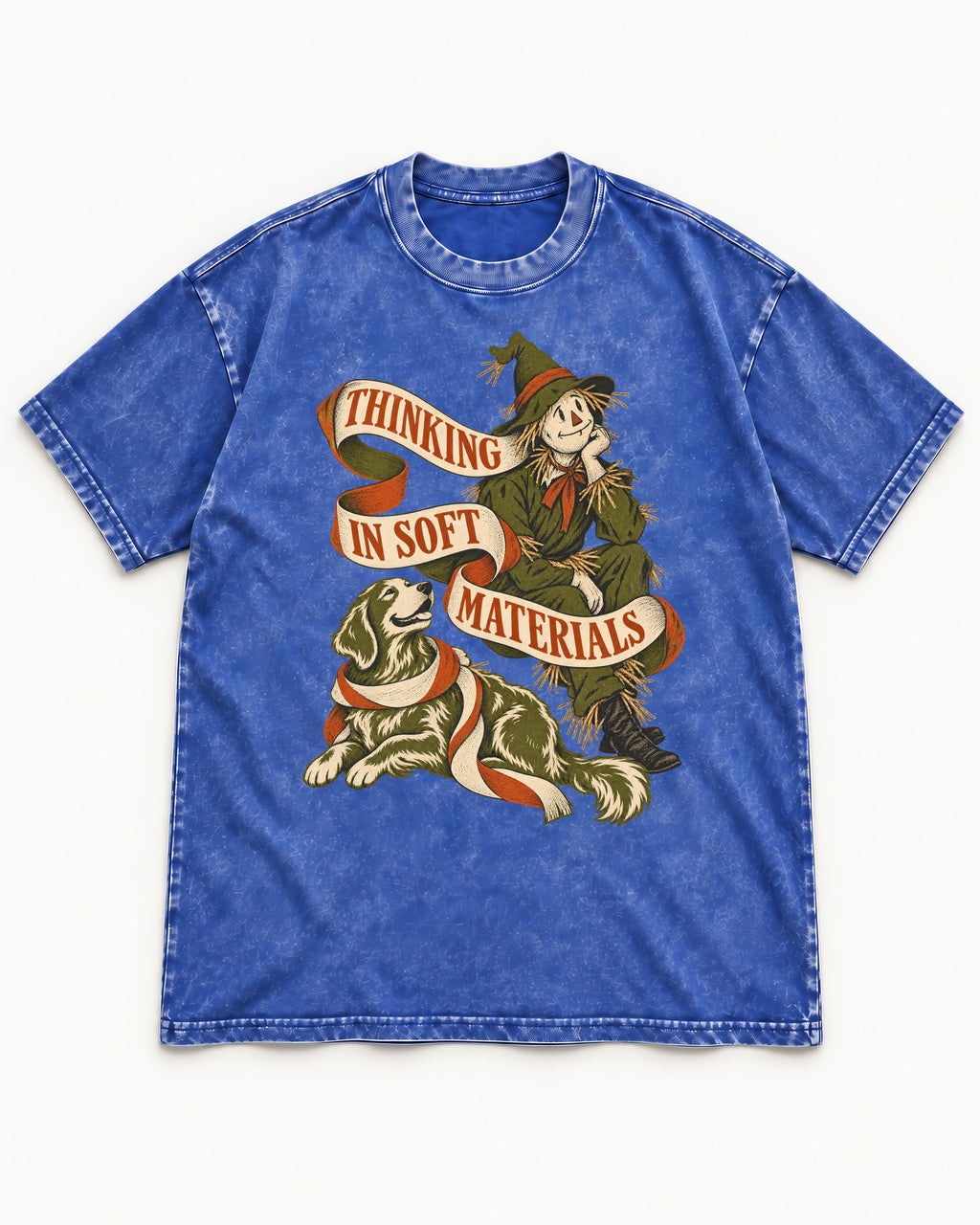 Golden Retriever Thinking in Soft Materials Scarecrow Graphic Washed Tee in Royal Blue, flat lay product photo