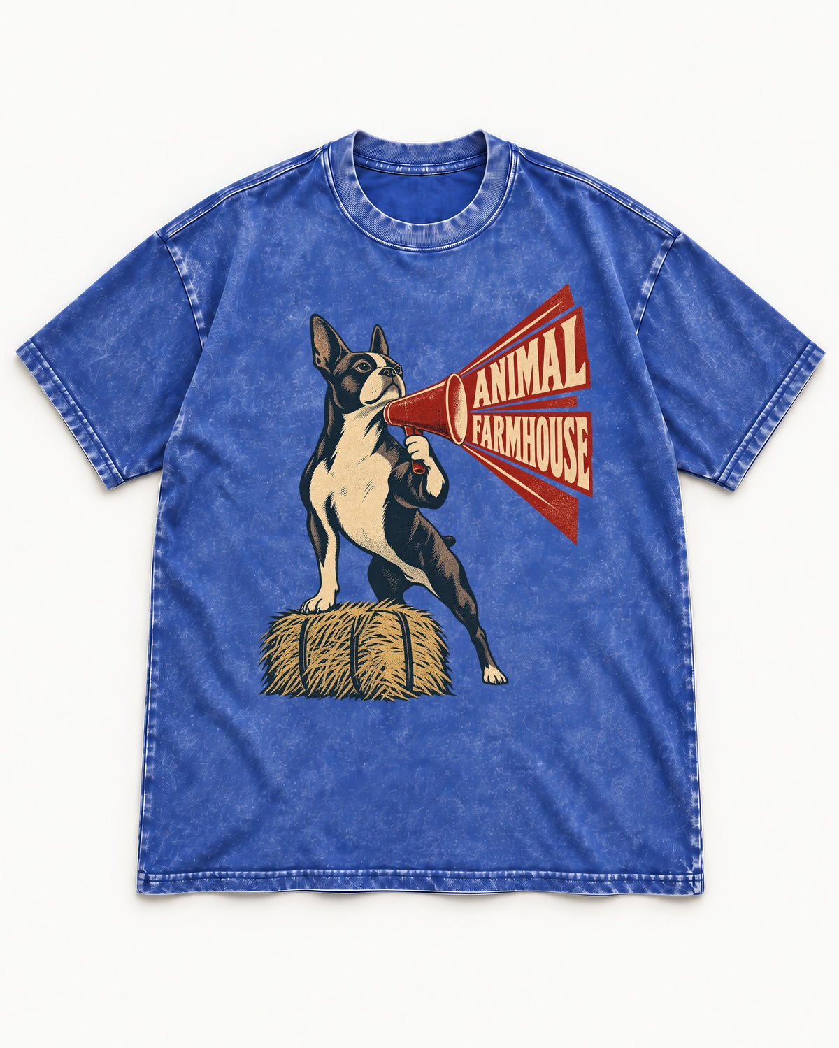 Animal Farmhouse Boston Terrier Washed Tee in Royal Blue, flat lay product photo