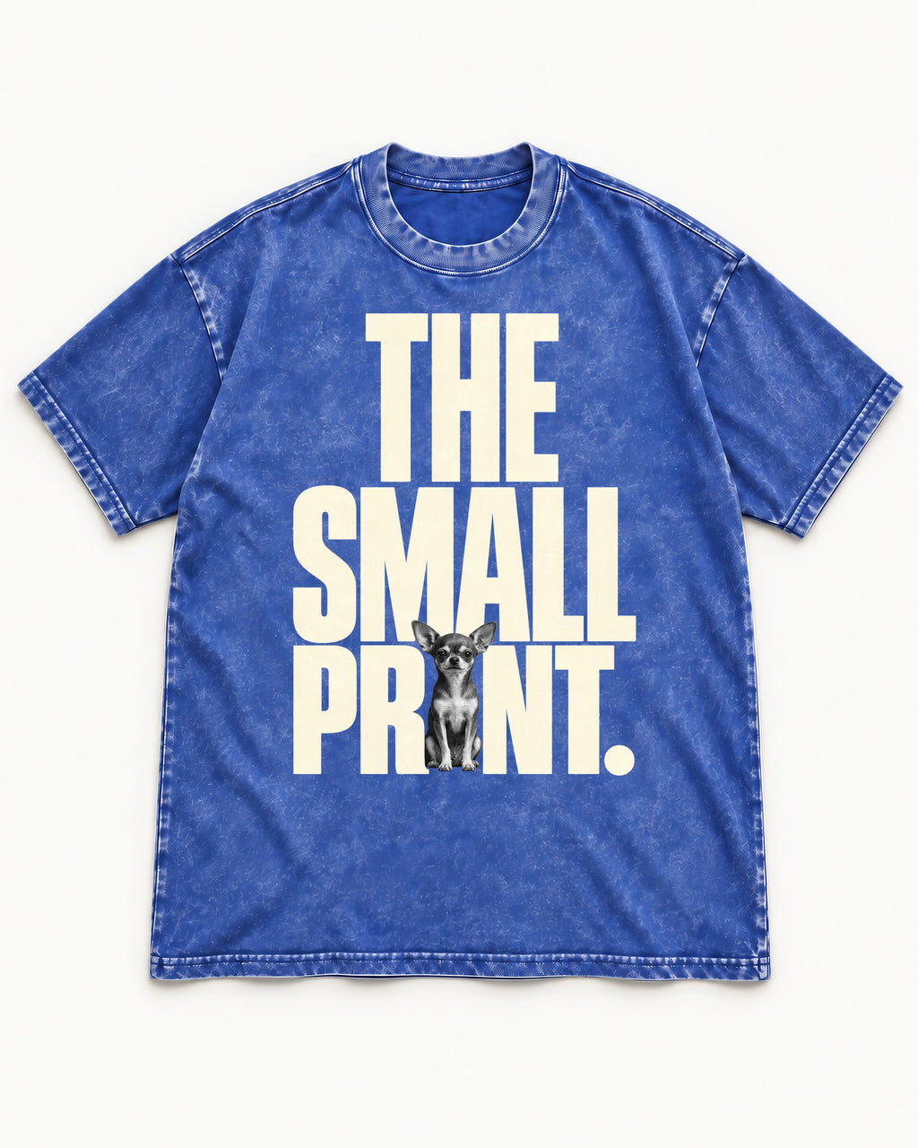 Chihuahua The Small Print Typographic Portrait Washed Tee in Royal Blue, flat lay product photo