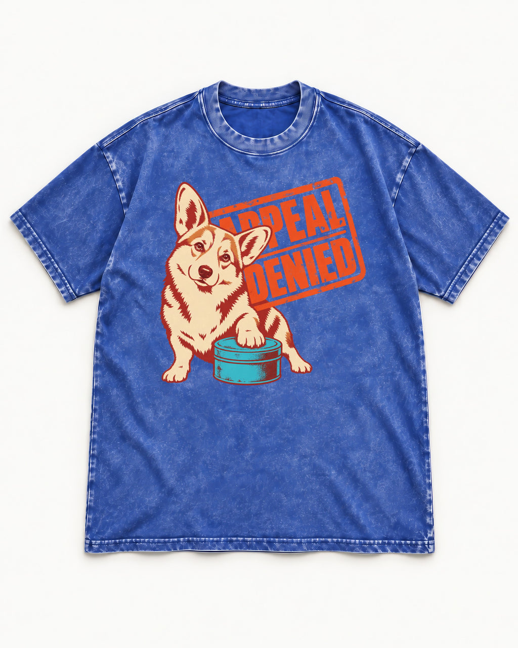 Corgi Appeal Denied Treat Tin Washed Tee in Royal Blue, flat lay product photo