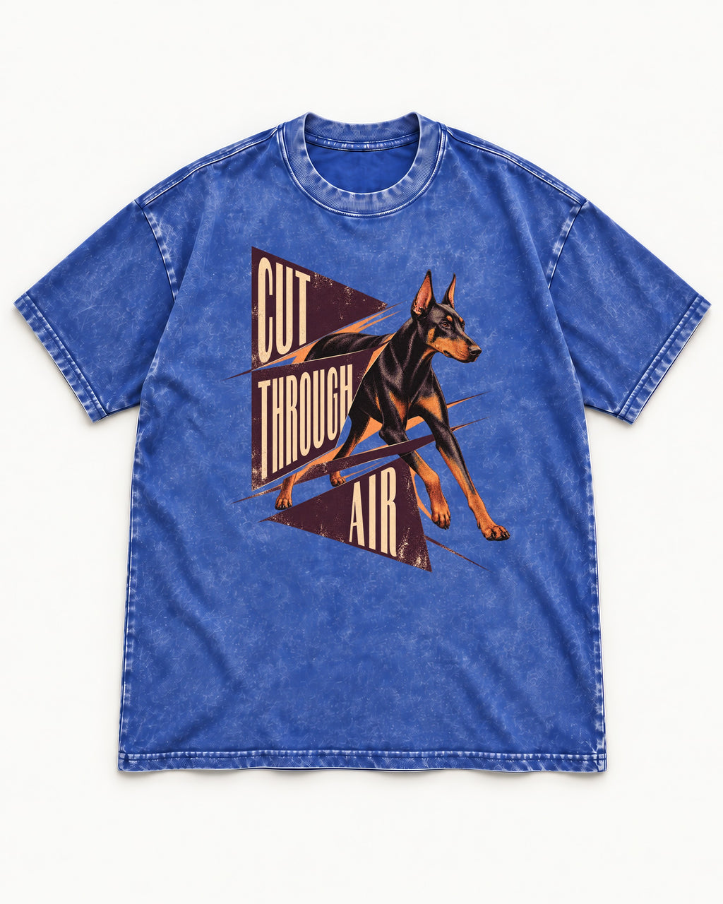 Doberman Cut Through Air Graphic Washed Tee in Royal Blue, flat lay product photo