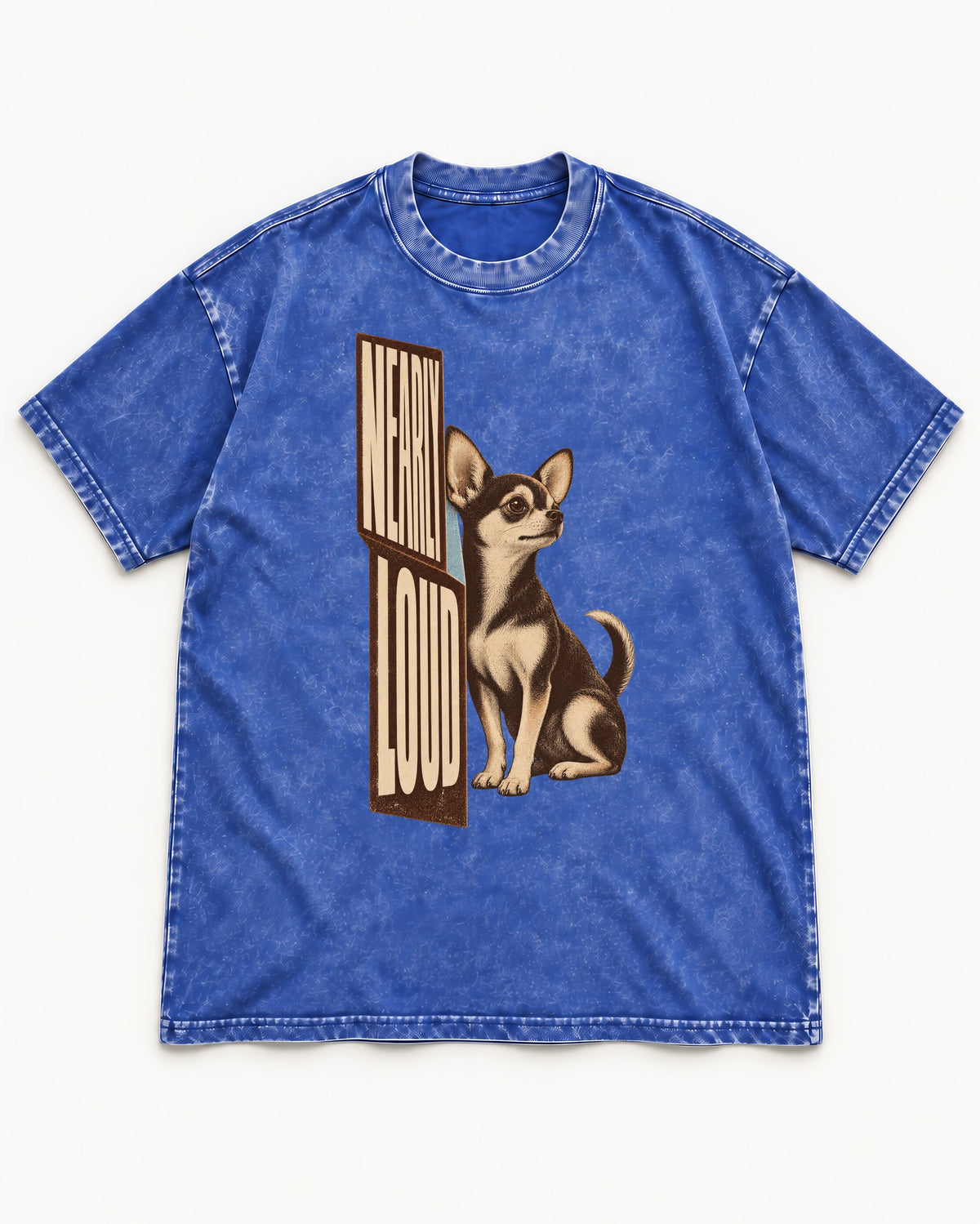 Chihuahua Never Loud Washed Tee in Royal Blue, flat lay product photo