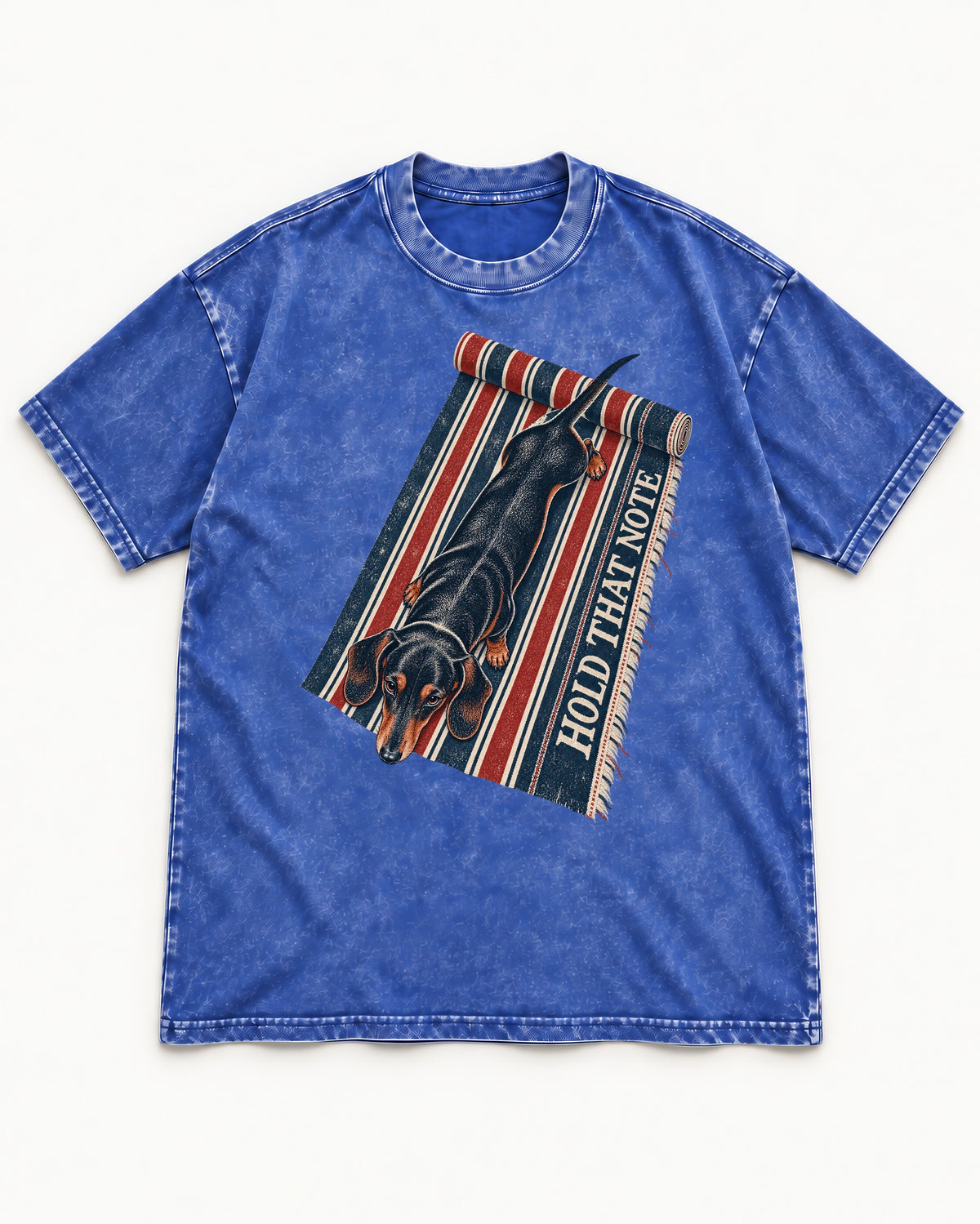 Dachshund Hold That Note Striped Rug Graphic Washed Tee in Royal Blue, flat lay product photo