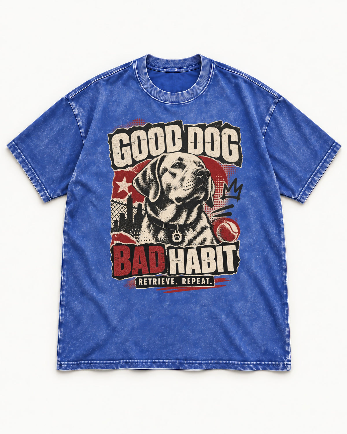 Labrador Retriever Good Dog Bad Habit Poster Graphic Washed Tee in Royal Blue, flat lay product photo