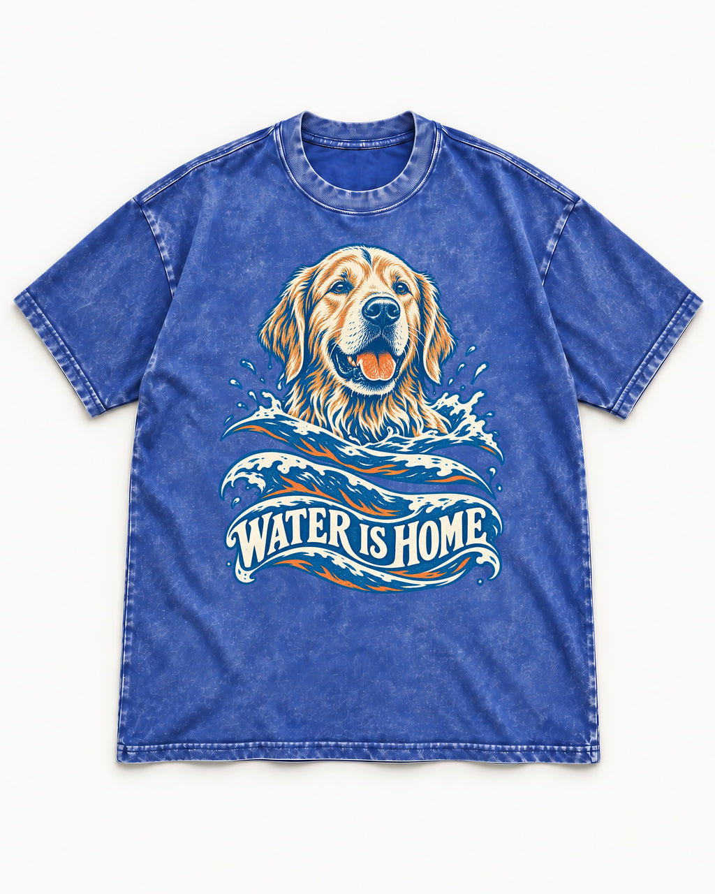 Golden Retriever Water Is Home Ocean Wave Graphic Washed Tee in Royal Blue, flat lay product photo