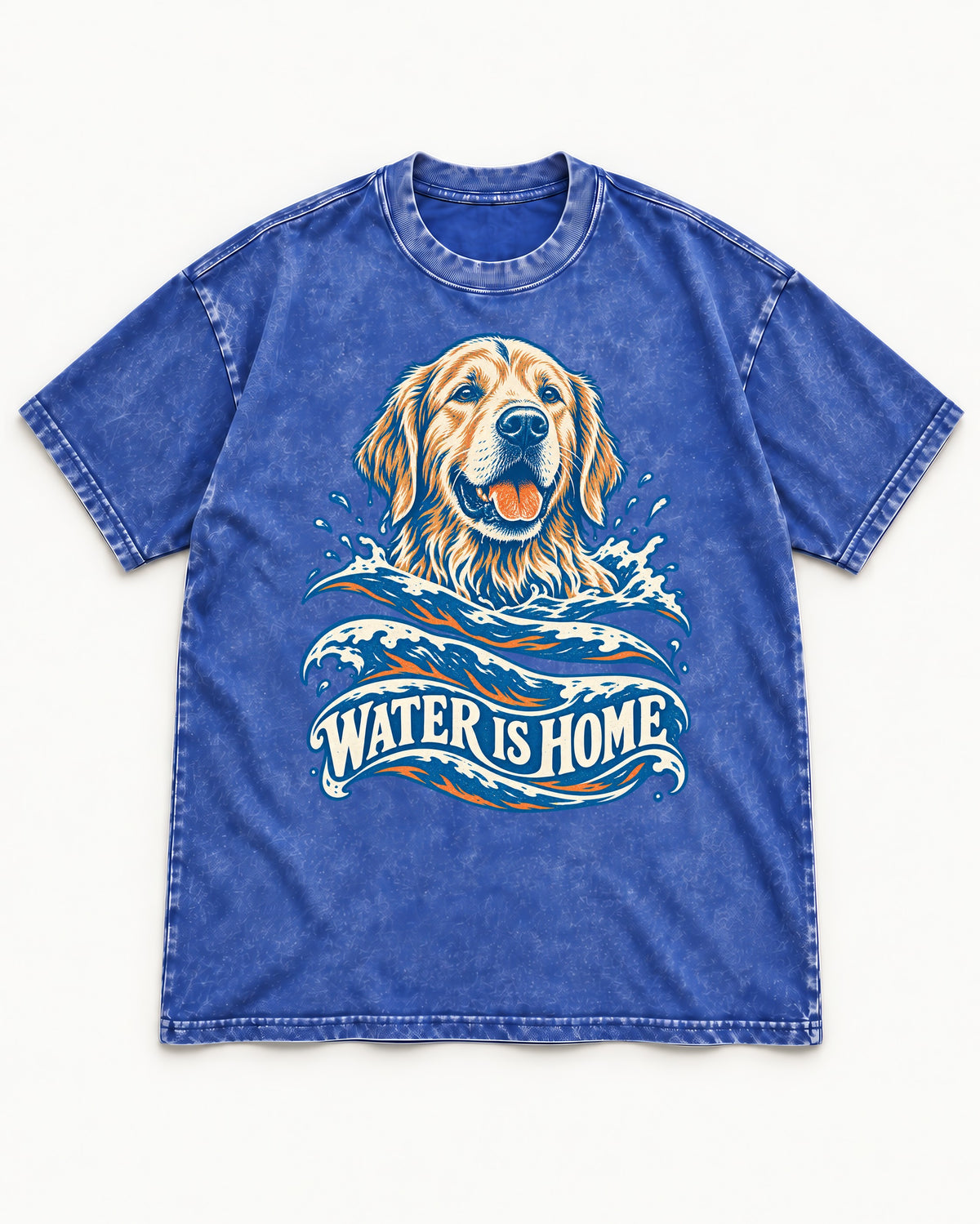 Golden Retriever Water Is Home Ocean Wave Graphic Washed Tee in Royal Blue, flat lay product photo