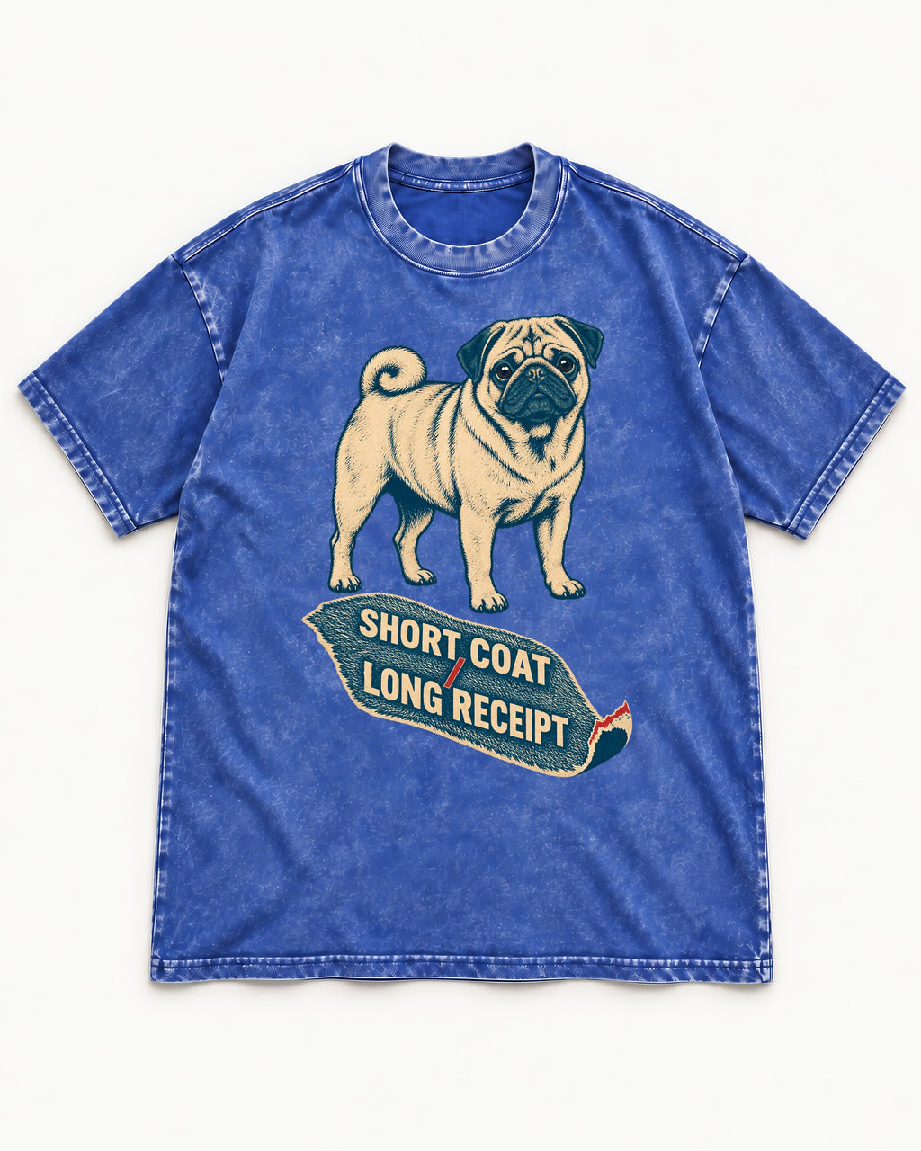 Pug Short Coat Long Receipt Graphic Washed Tee in Royal Blue, flat lay product photo