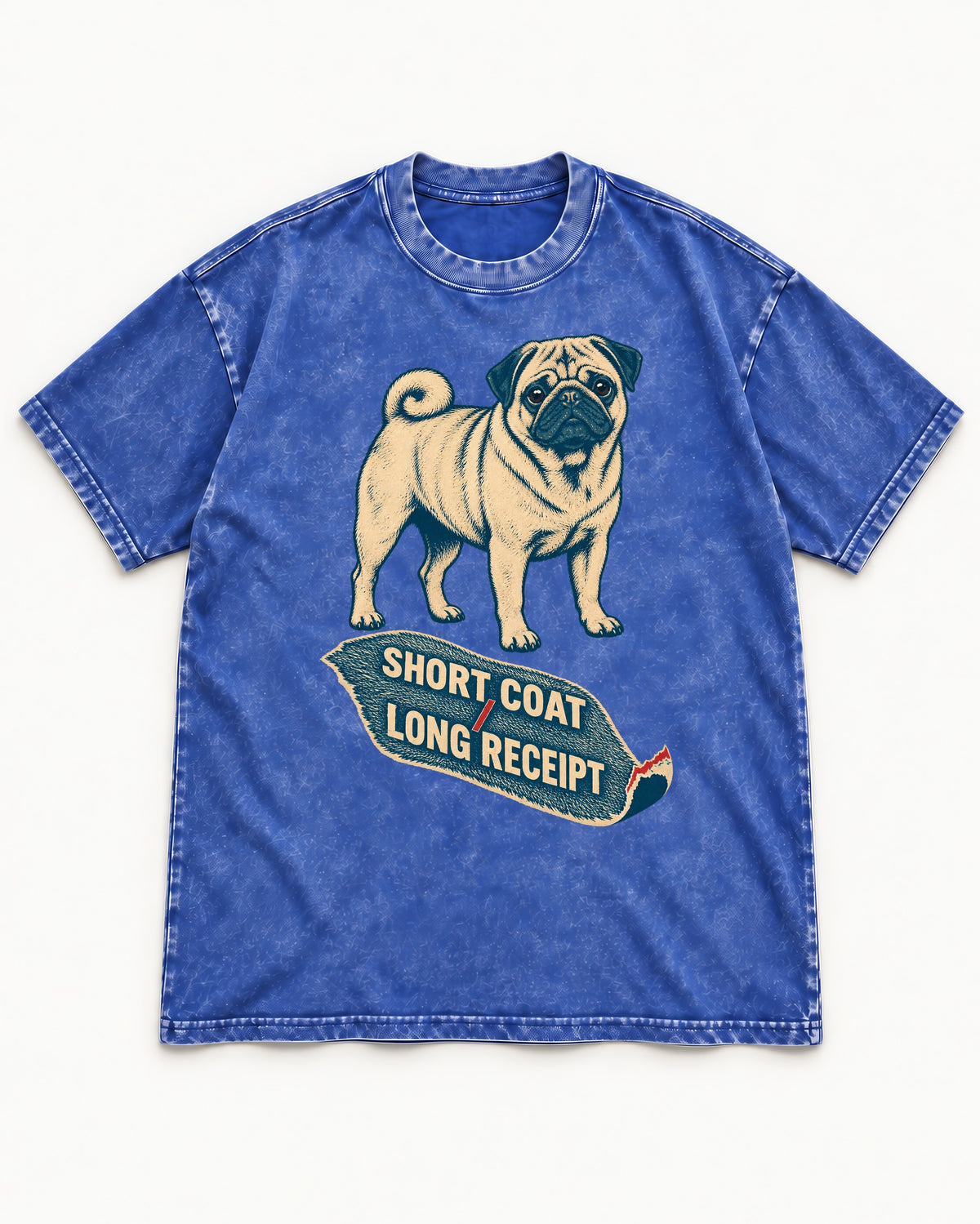 Pug Short Coat Long Receipt Graphic Washed Tee in Royal Blue, flat lay product photo