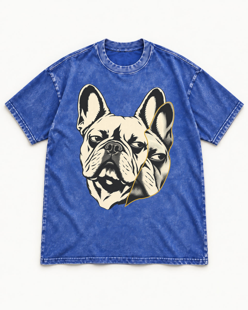 Frenchie Double Crop Side Eye Portrait Graphic Washed Tee in Royal Blue, flat lay product photo