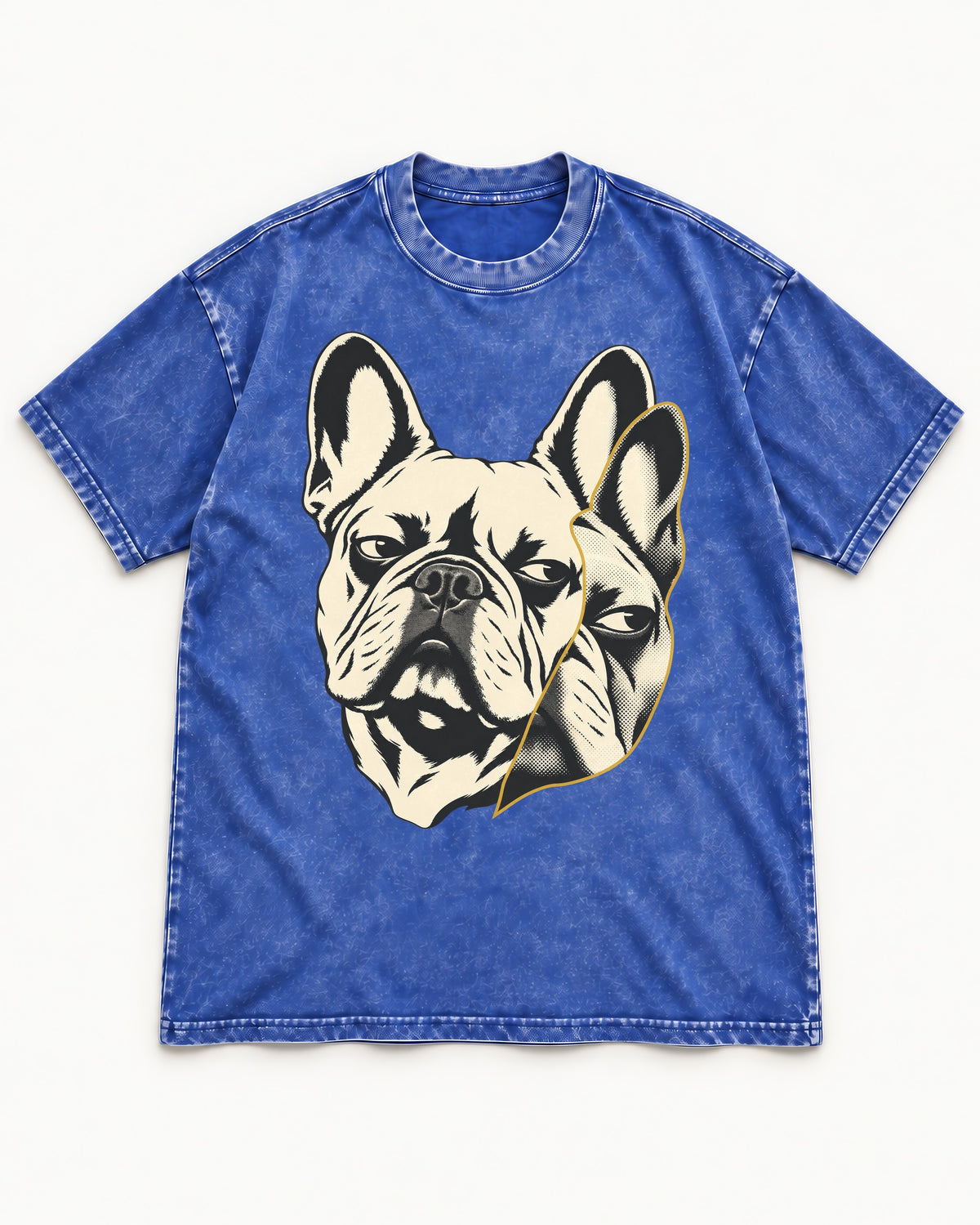 Frenchie Double Crop Side Eye Portrait Graphic Washed Tee in Royal Blue, flat lay product photo