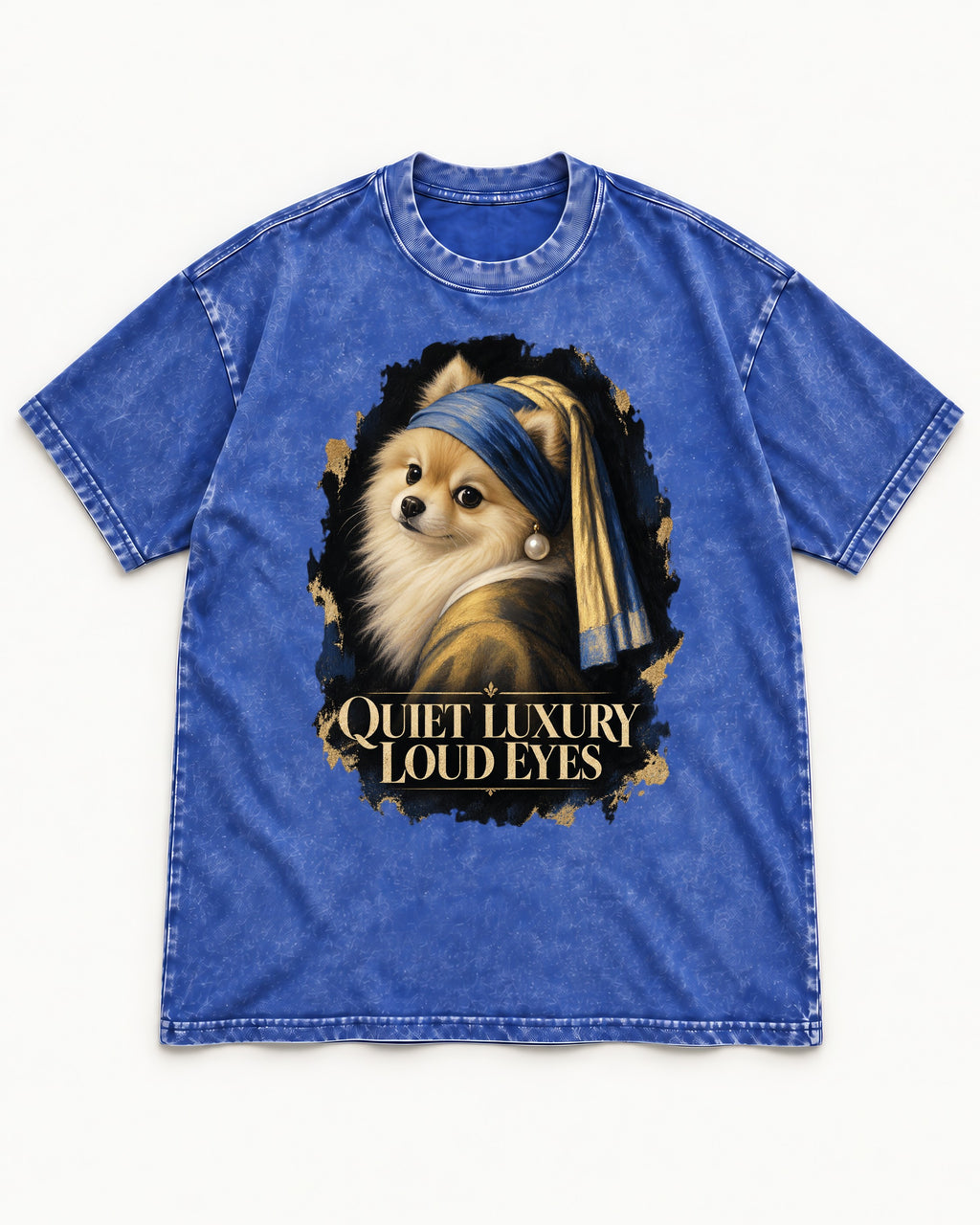 Pomeranian Quiet Luxury Loud Eyes Pearl Portrait Graphic Washed Tee in Royal Blue, flat lay product photo
