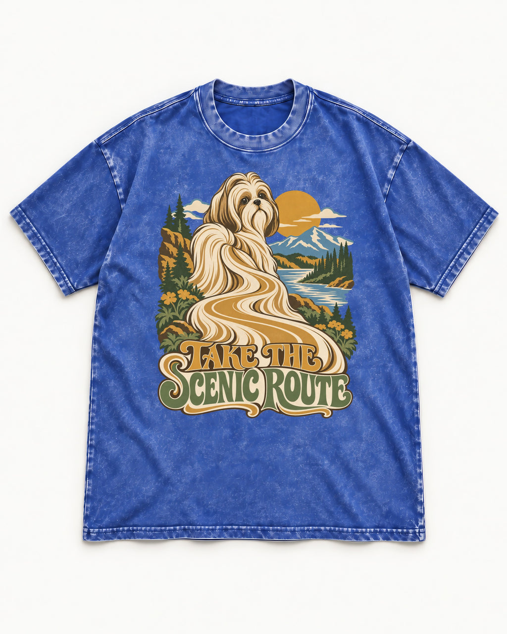 Shih Tzu Take the Scenic Route Mountain Vista Graphic Washed Tee in Royal Blue, flat lay product photo