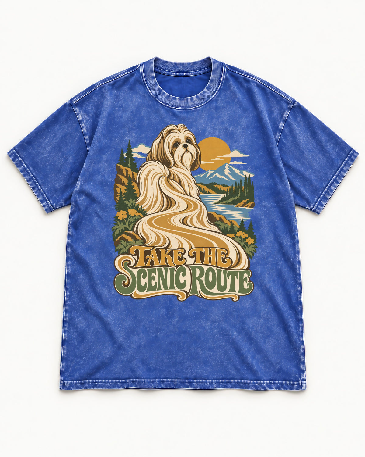 Shih Tzu Take the Scenic Route Mountain Vista Graphic Washed Tee in Royal Blue, flat lay product photo