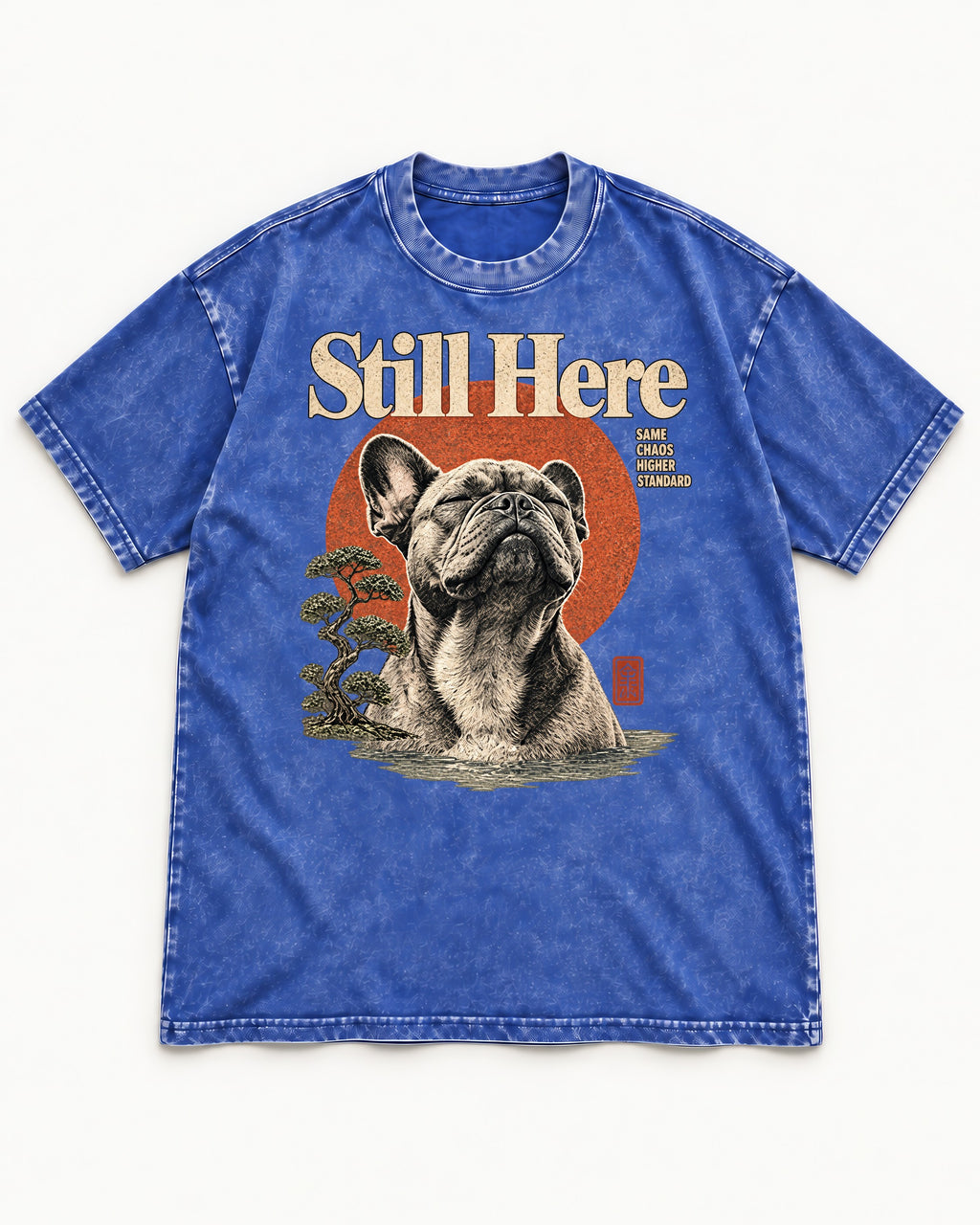 Frenchie Still Here Bonsai Portrait Graphic Washed Tee in Royal Blue, flat lay product photo