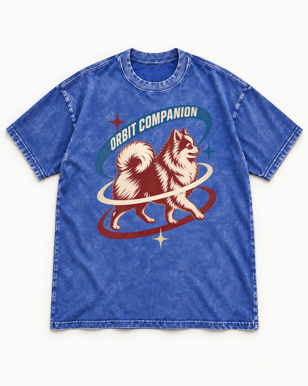 Pomeranian Orbit Companion Retro Space Graphic Washed Tee in Royal Blue, flat lay product photo