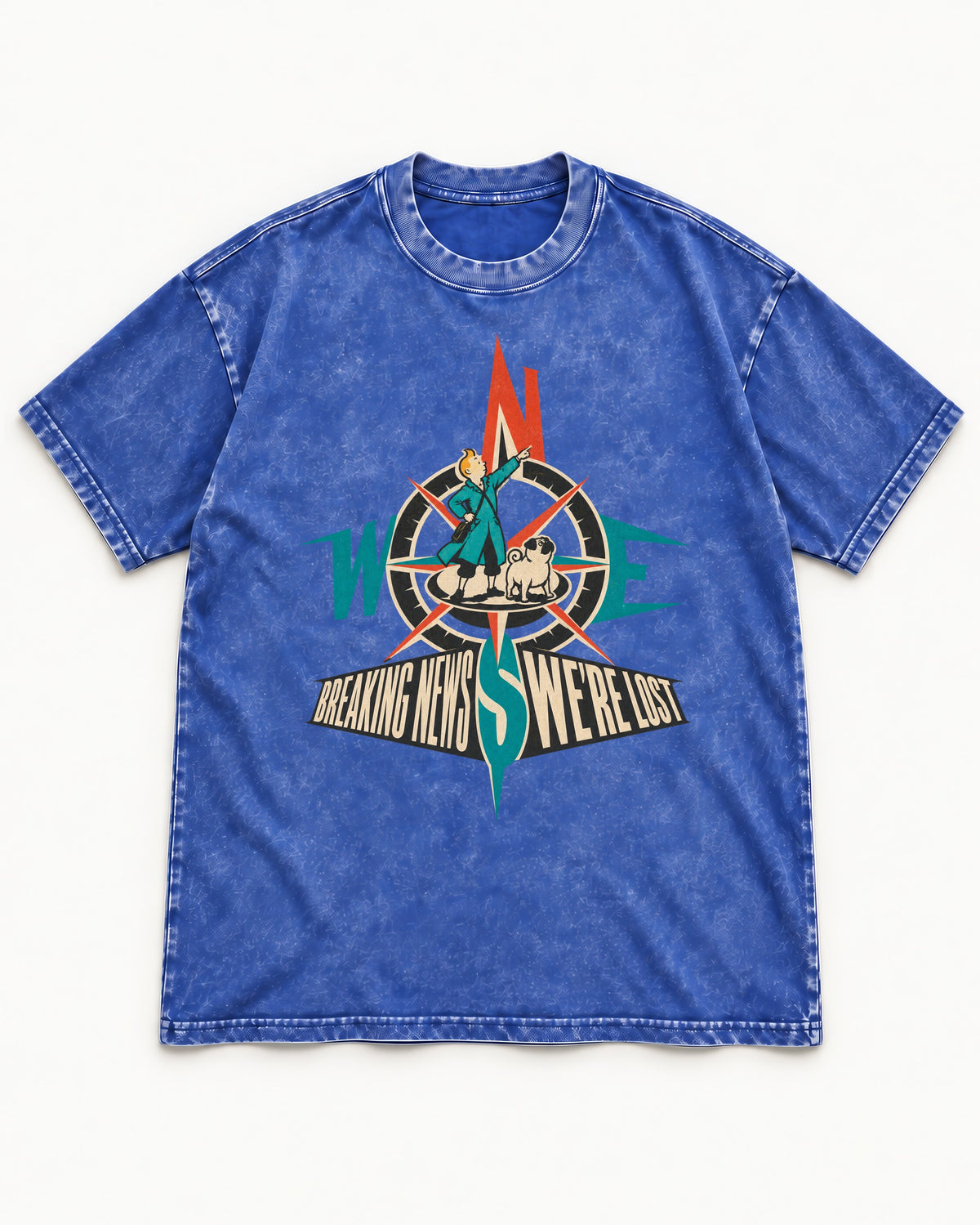 Pug Breaking News We're Lost Compass Graphic Washed Tee in Royal Blue, flat lay product photo