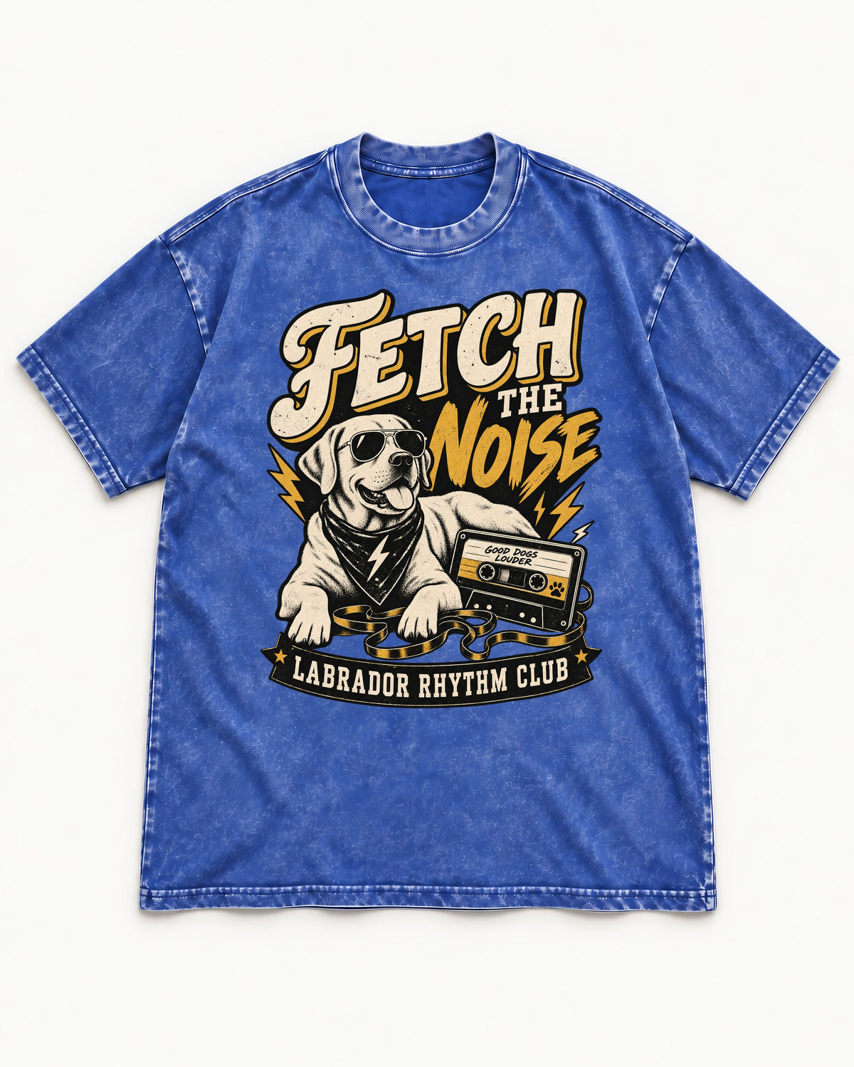 Labrador Retriever Fetch the Noise Rhythm Club DJ Graphic Washed Tee in Royal Blue, flat lay product photo