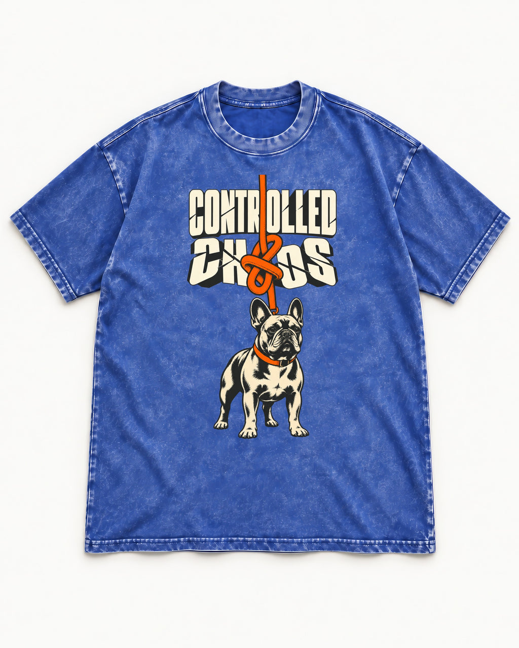 Frenchie Controlled Chaos Leash Knot Graphic Washed Tee in Royal Blue, flat lay product photo