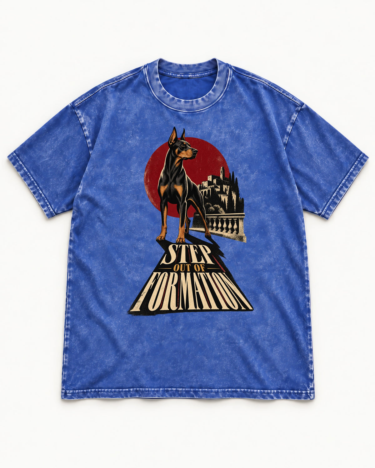 Doberman Step Out of Formation Road Vista Graphic Washed Tee in Royal Blue, flat lay product photo