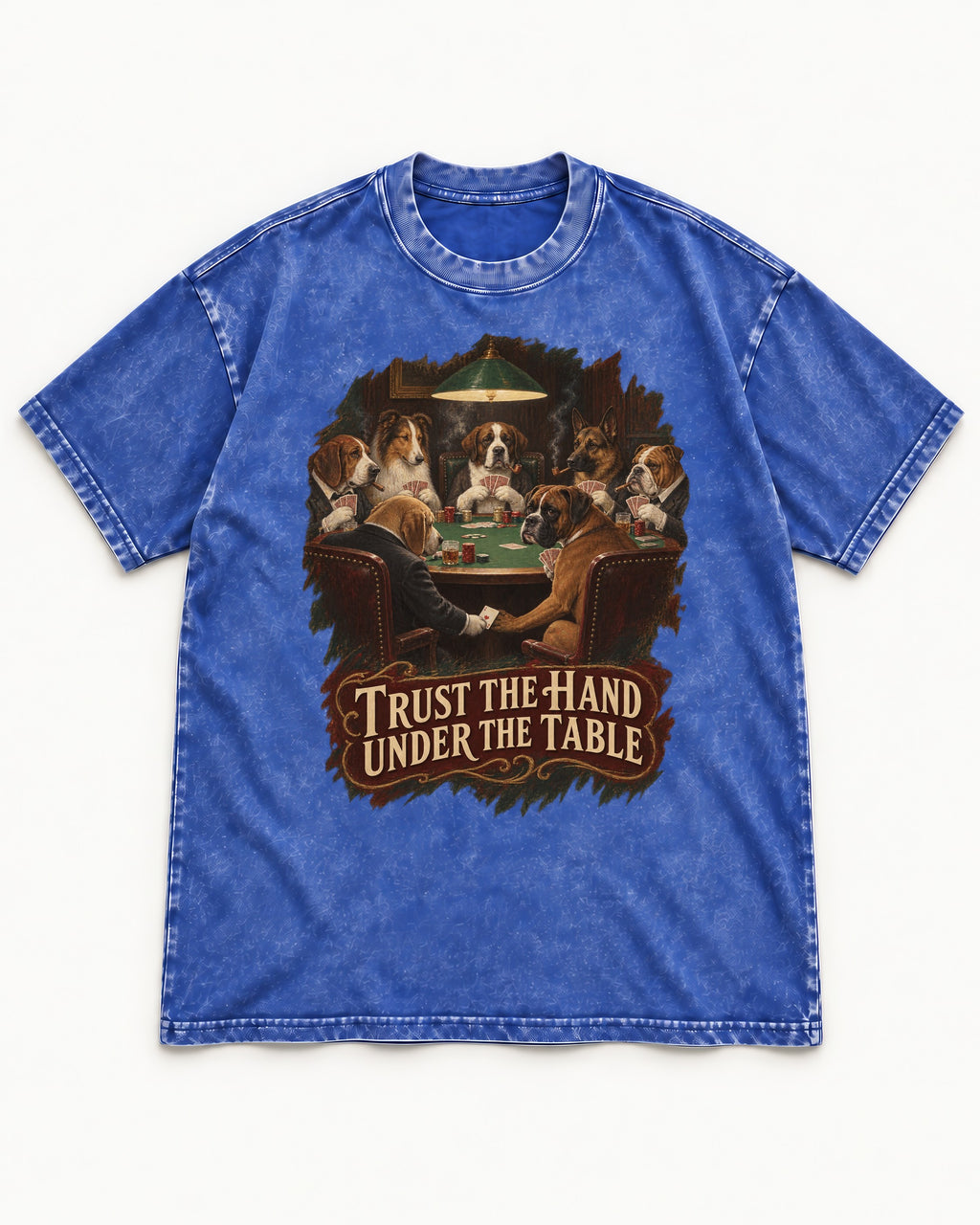 Trust the Hand Under the Table Boxer Poker Graphic Washed Tee in Royal Blue, flat lay product photo