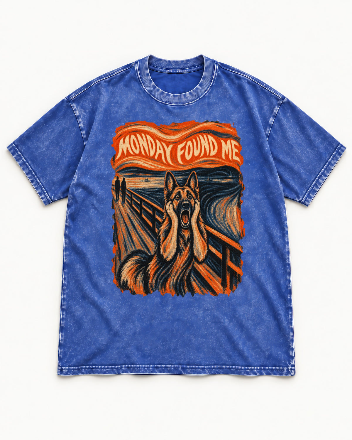 German Shepherd Dog Monday Found Me Scream Graphic Washed Tee in Royal Blue, flat lay product photo