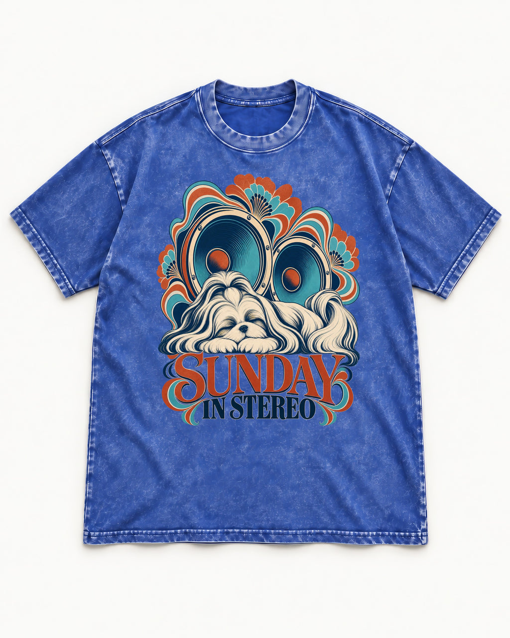 Shih Tzu Sunday in Stereo Retro Speaker Graphic Washed Tee in Royal Blue, flat lay product photo