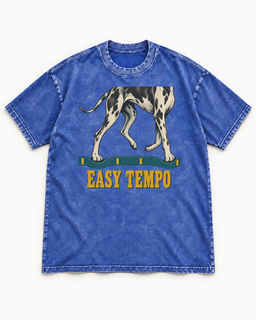 Great Dane Easy Tempo Elastic Band Legs Graphic Washed Tee in Royal Blue, flat lay product photo