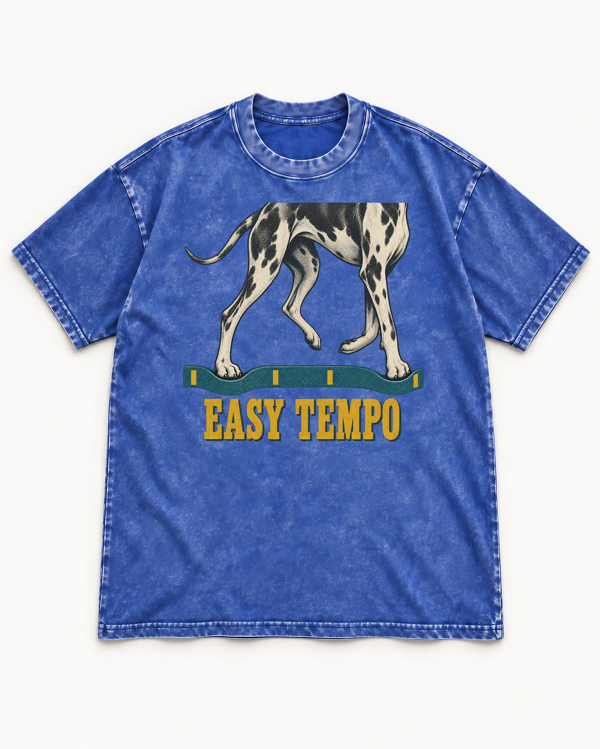 Great Dane Easy Tempo Elastic Band Legs Graphic Washed Tee in Royal Blue, flat lay product photo