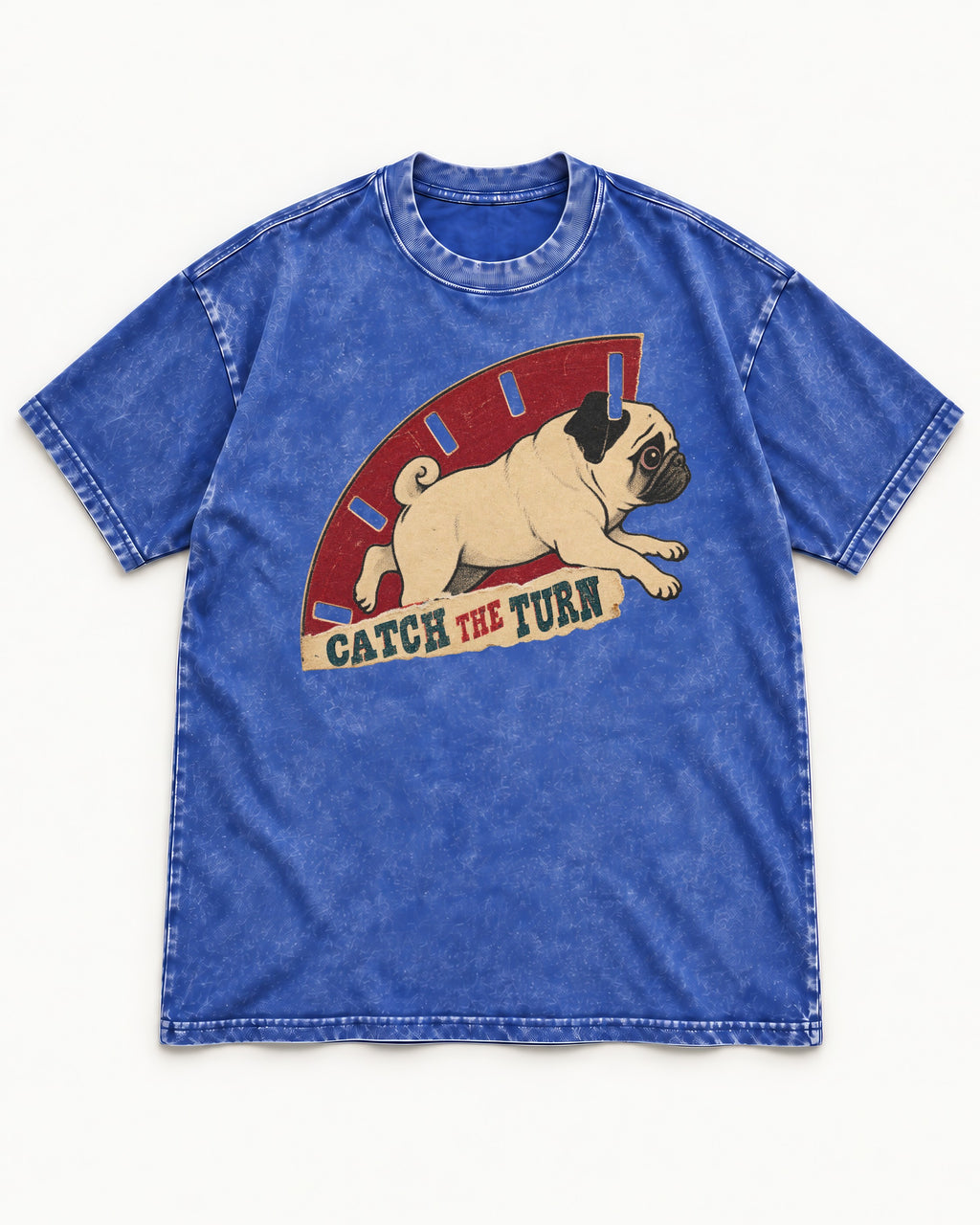 Pug Catch the Turn Track Graphic Washed Tee in Royal Blue, flat lay product photo