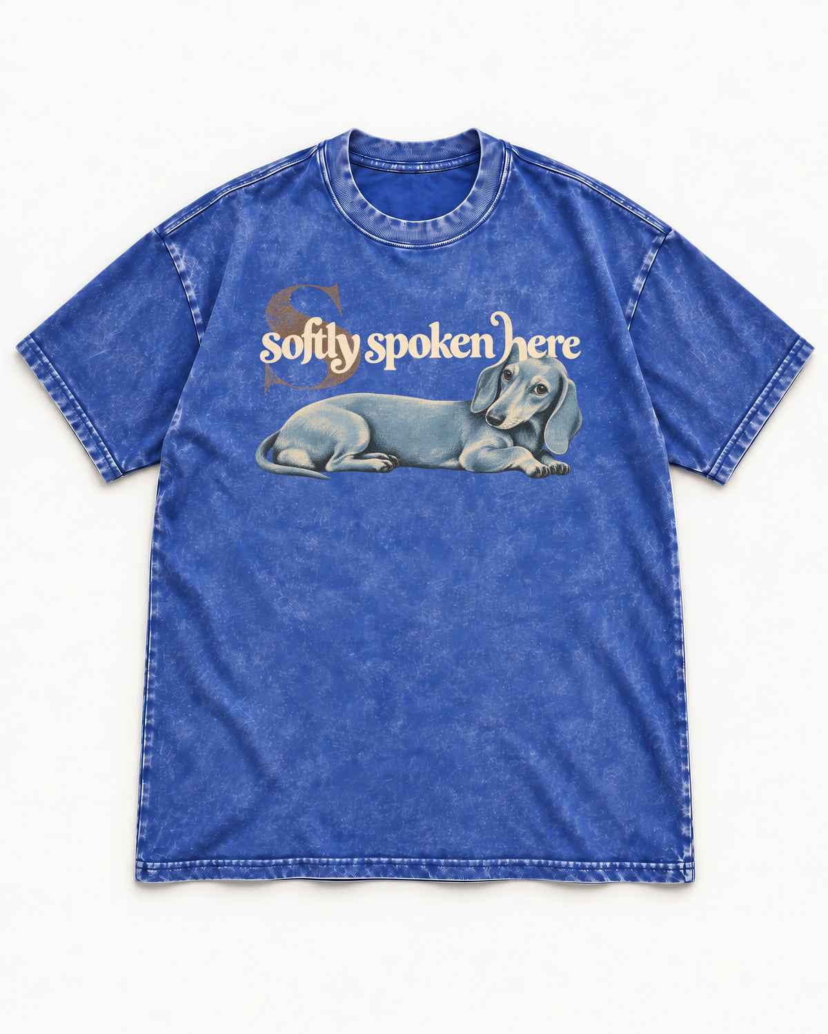 Dachshund Softly Spoken Here Reclining Portrait Graphic Washed Tee in Royal Blue, flat lay product photo