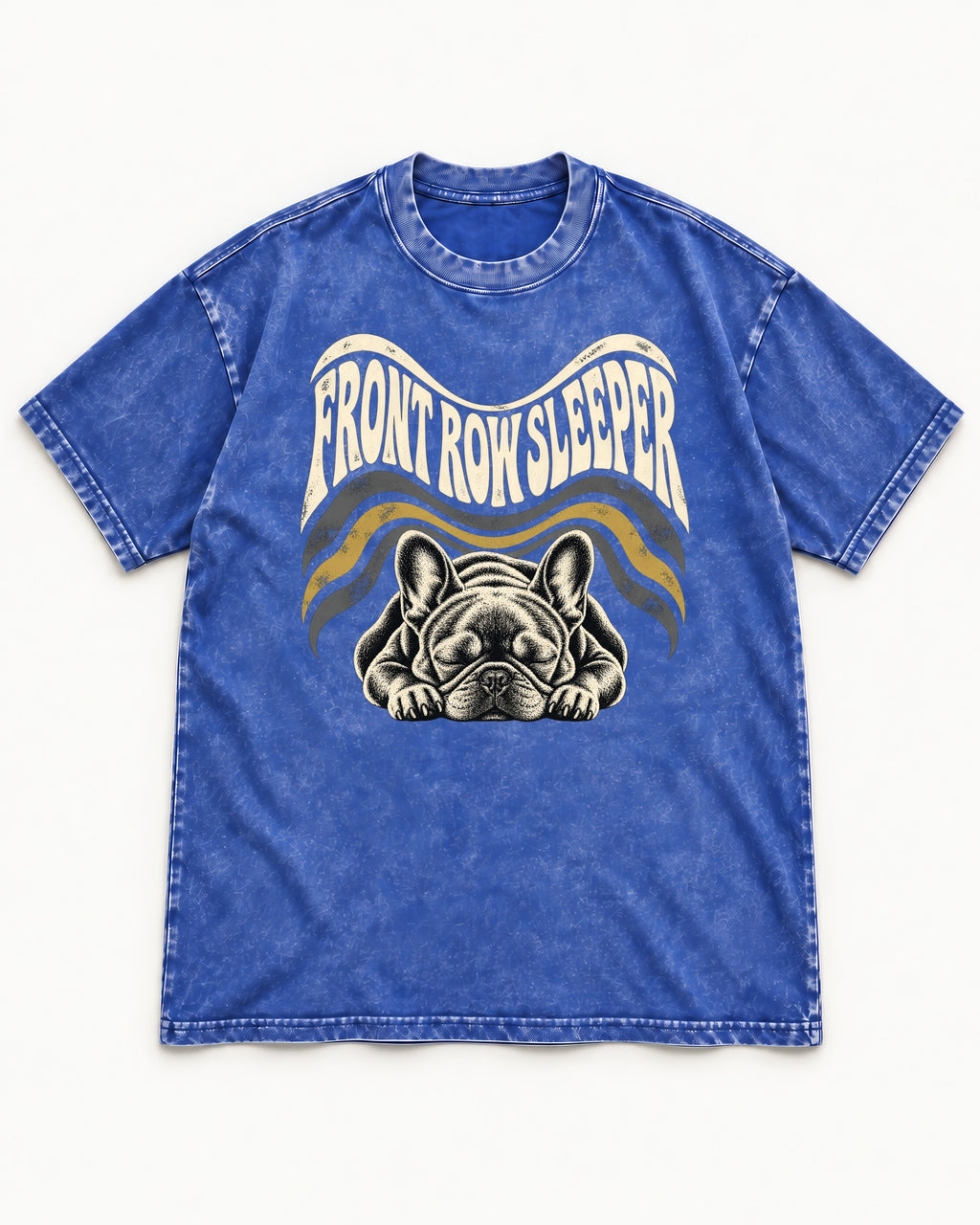 Frenchie Front Row Sleeper Retro Graphic Washed Tee in Royal Blue, flat lay product photo