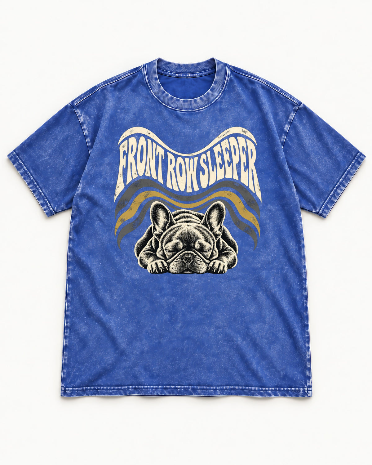 Frenchie Front Row Sleeper Retro Graphic Washed Tee in Royal Blue, flat lay product photo