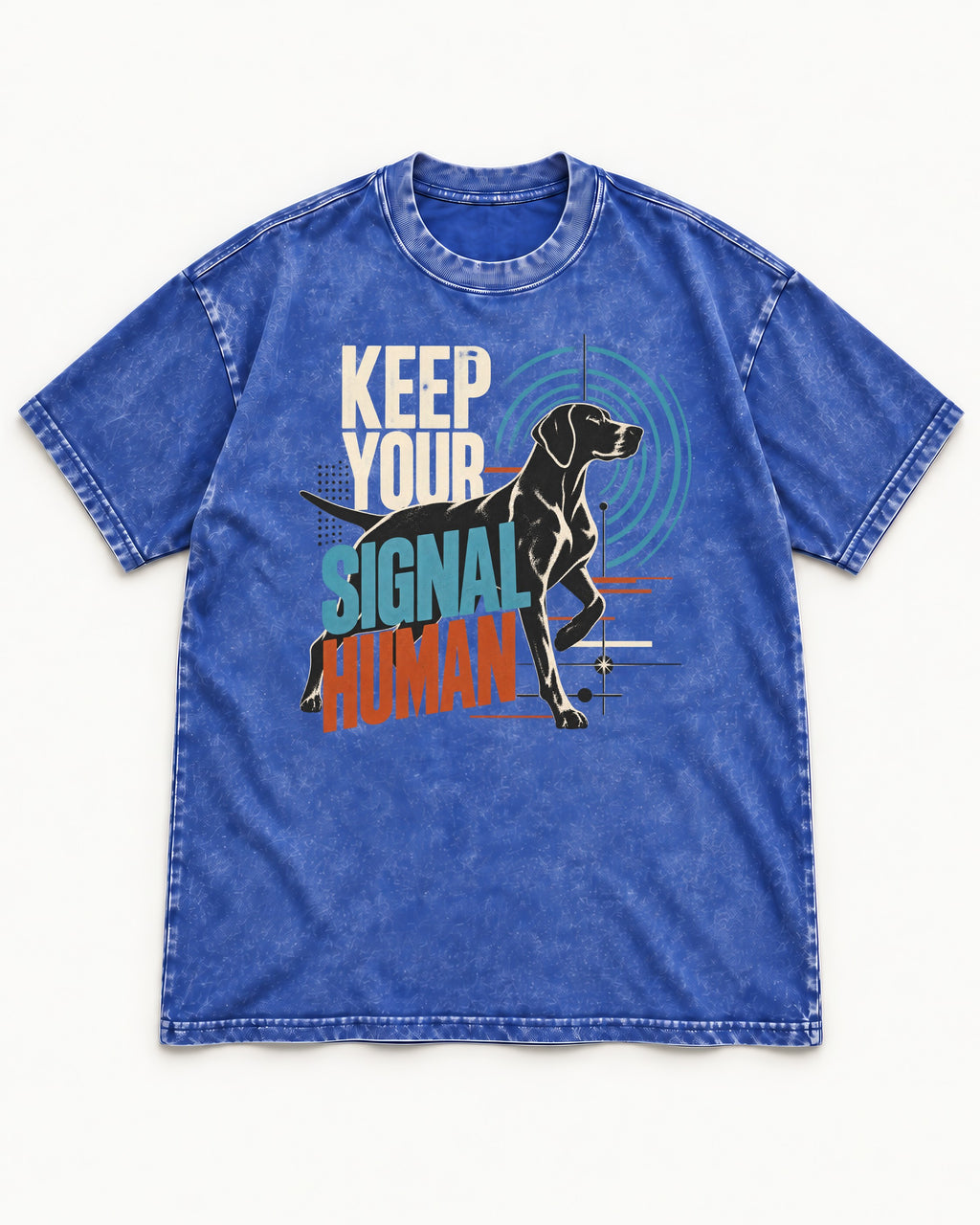 German Shorthaired Pointer Keep Your Signal Human Broadcast Graphic Washed Tee in Royal Blue, flat lay product photo
