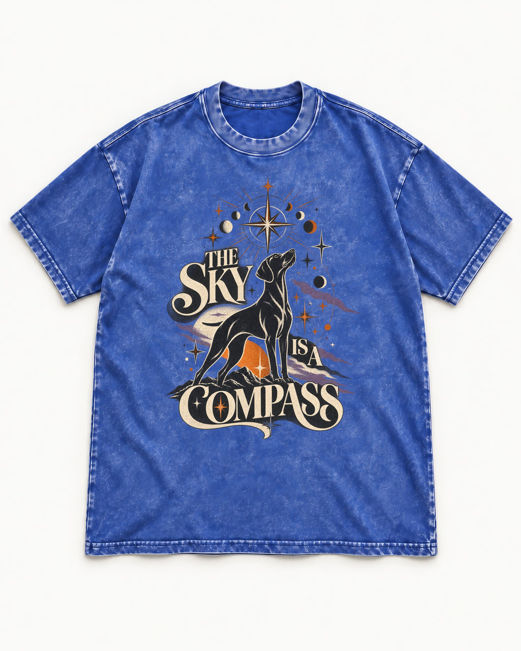 The Sky Is a Compass Celestial German Shorthaired Pointer Graphic Washed Tee in Royal Blue, flat lay product photo
