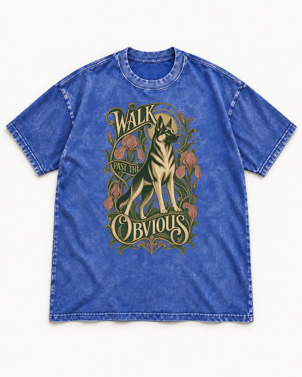 Walk Past The Obvious Art Nouveau German Shepherd Dog Graphic Washed Tee in Royal Blue, flat lay product photo