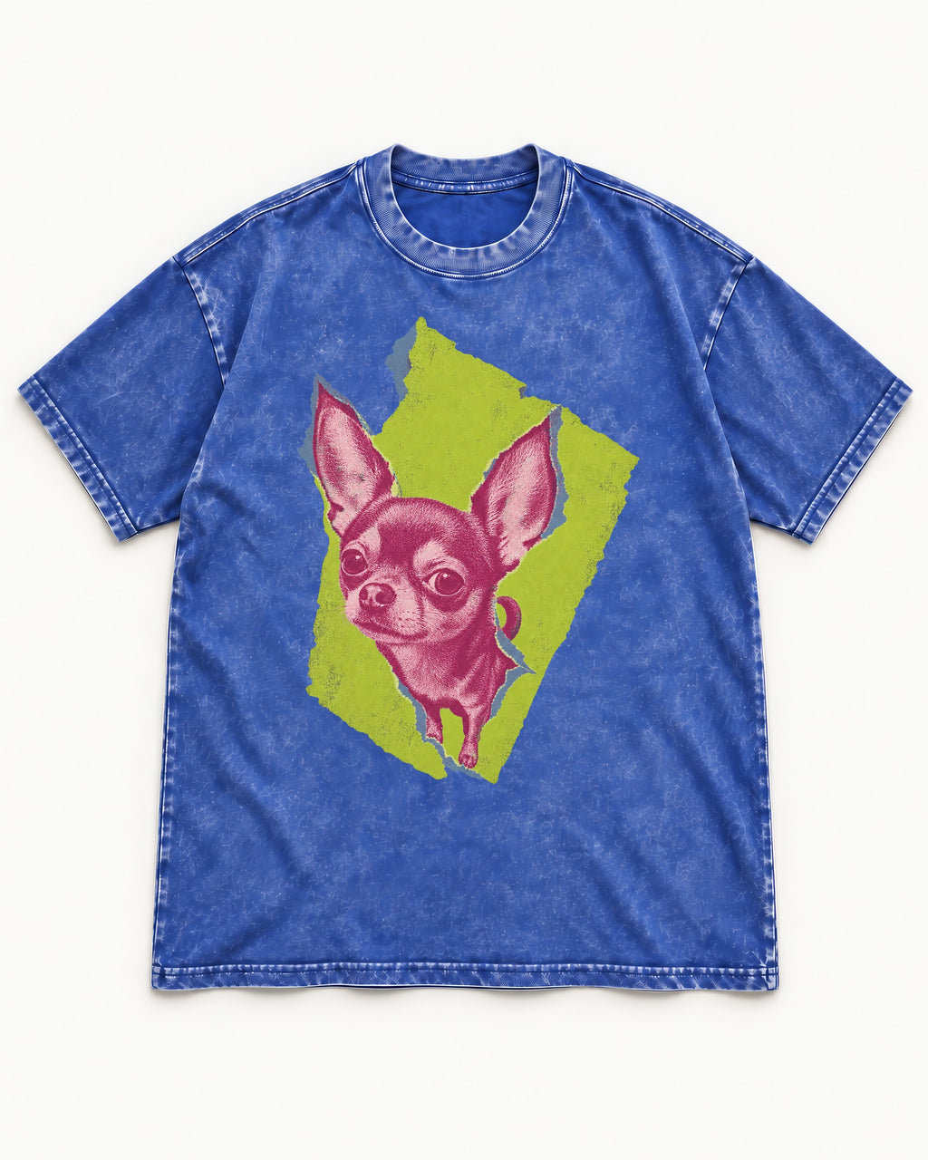 Torn-Paper Chihuahua Portrait Washed Tee in Royal Blue, flat lay product photo