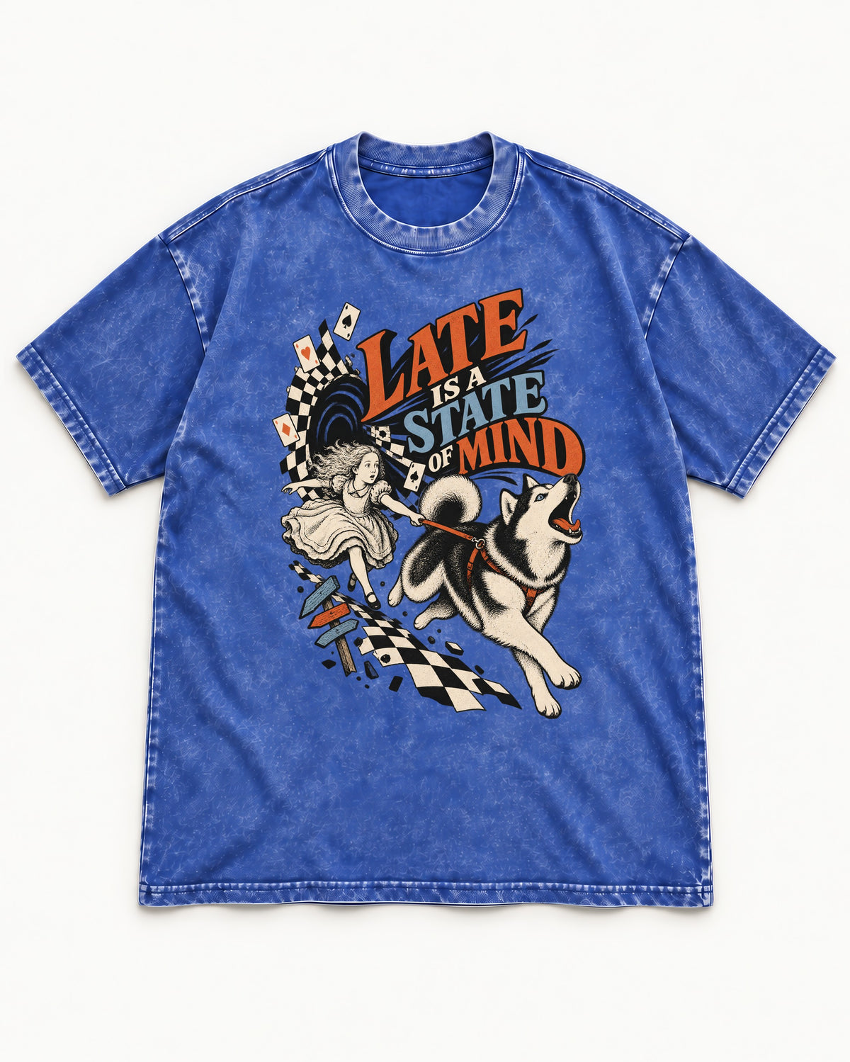 Husky Late Is a State of Mind Wonderland Chase Graphic Washed Tee in Royal Blue, flat lay product photo
