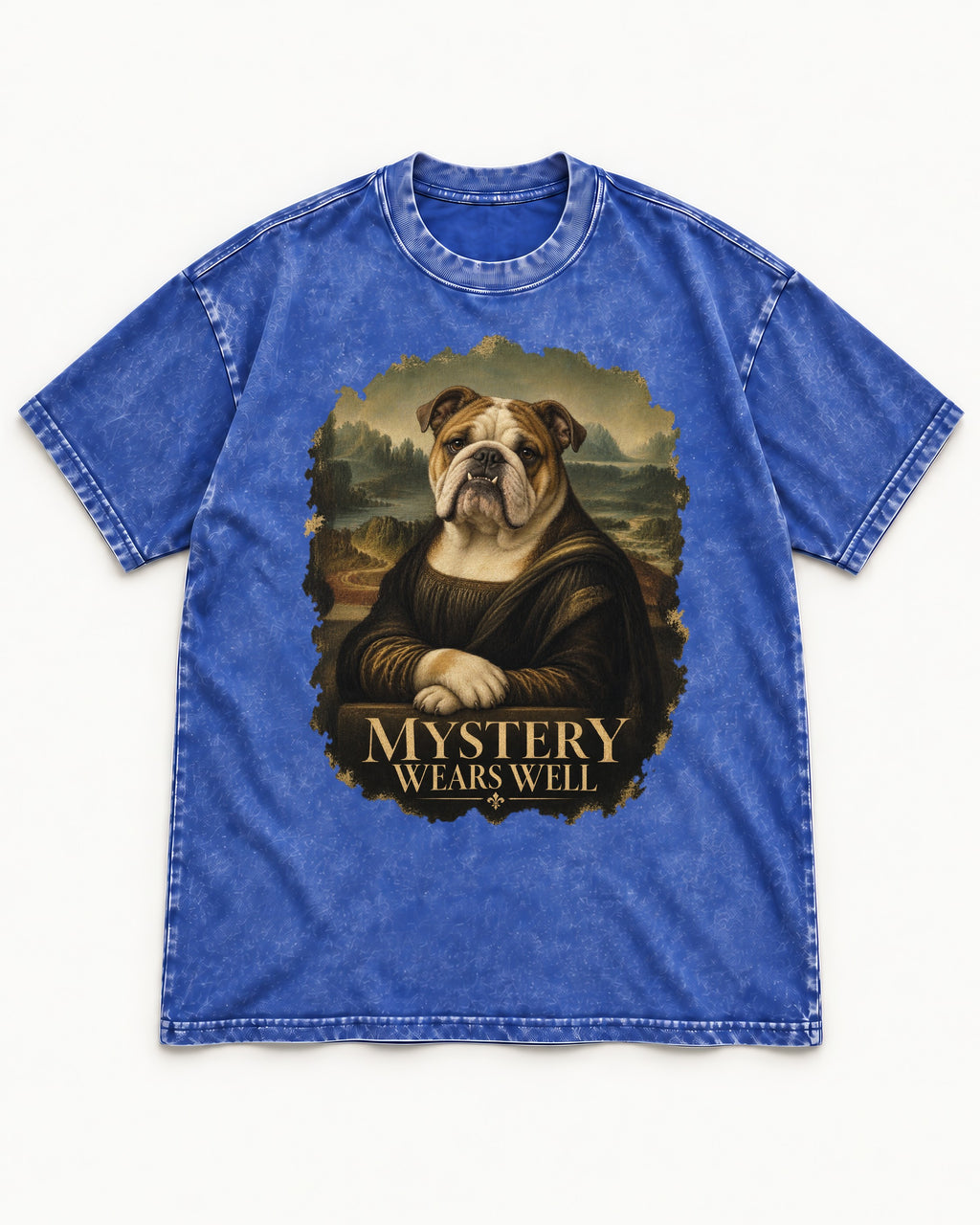 English Bulldog Mystery Wears Well Mona Lisa Portrait Washed Tee in Royal Blue, flat lay product photo