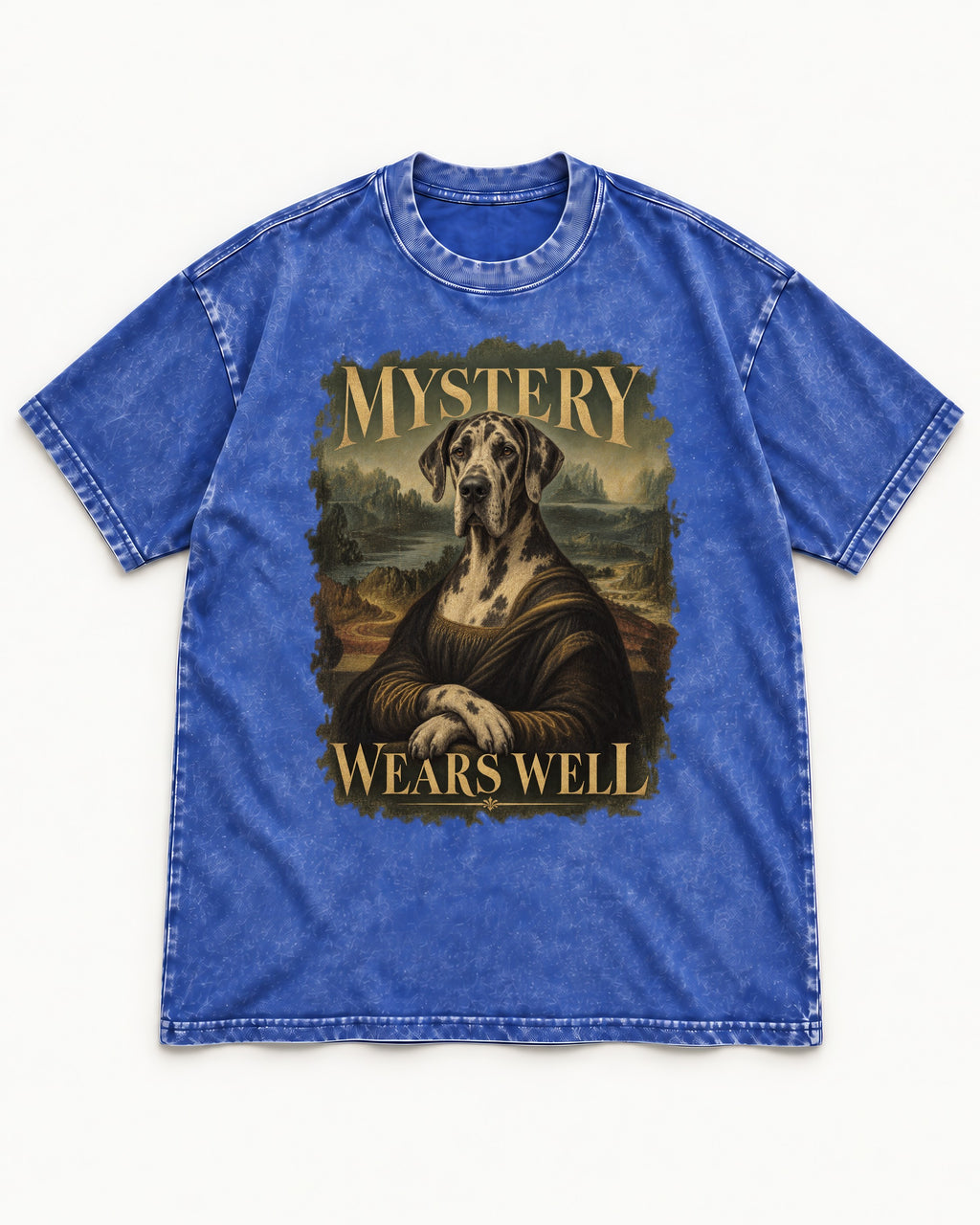 Great Dane Mystery Wears Well Renaissance Portrait Graphic Washed Tee in Royal Blue, flat lay product photo