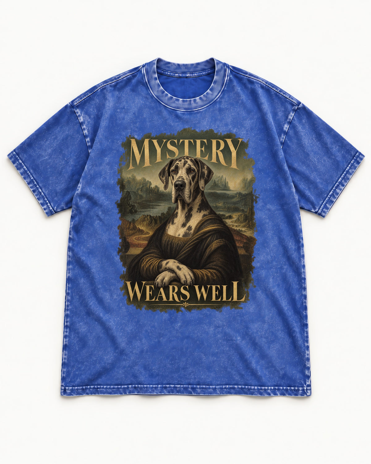 Great Dane Mystery Wears Well Renaissance Portrait Graphic Washed Tee in Royal Blue, flat lay product photo
