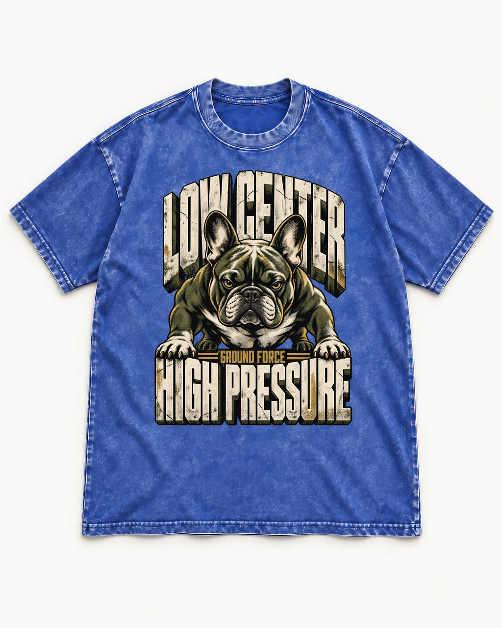 Frenchie Low Center High Pressure Graphic Washed Tee in Royal Blue, flat lay product photo