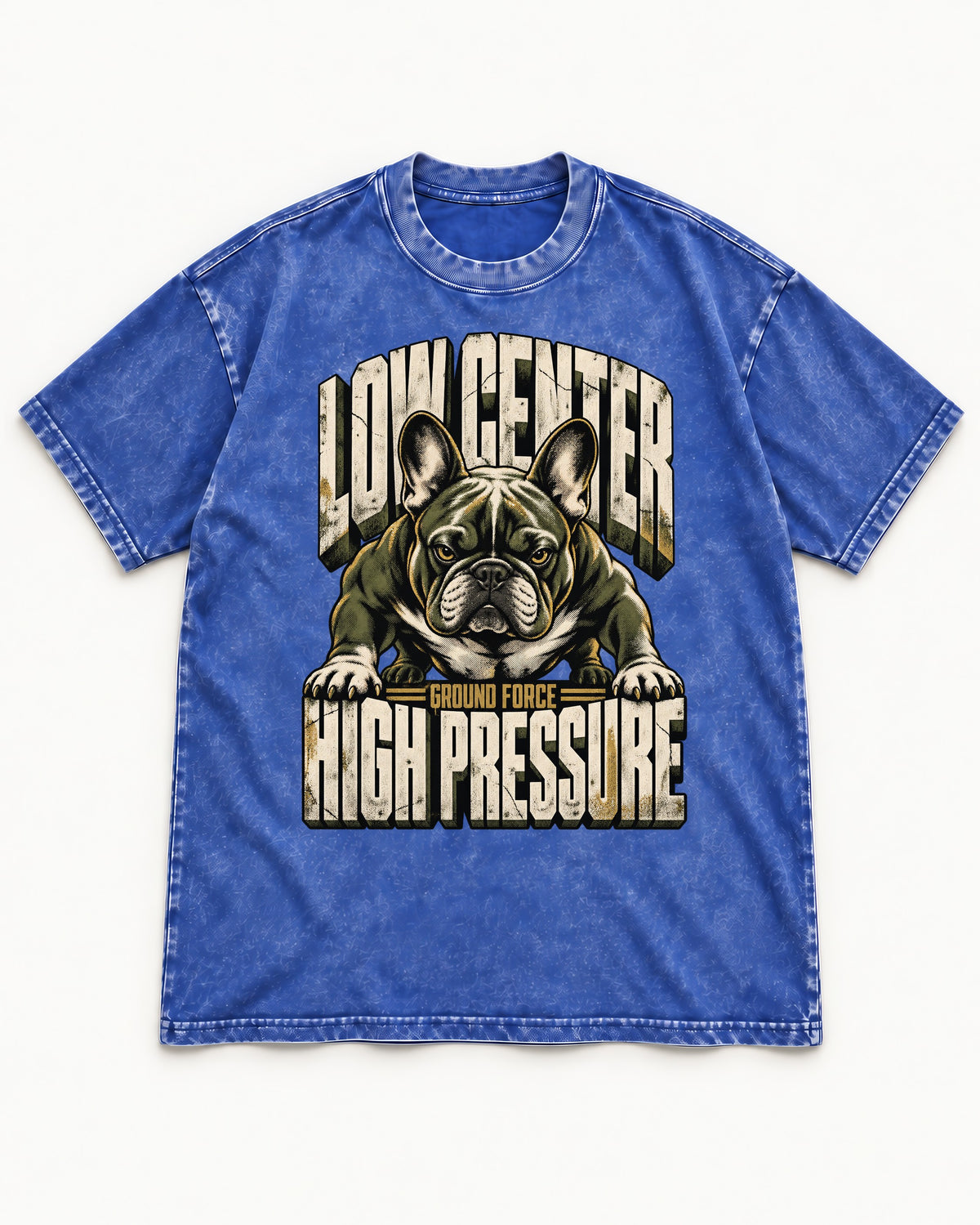 Frenchie Low Center High Pressure Graphic Washed Tee in Royal Blue, flat lay product photo