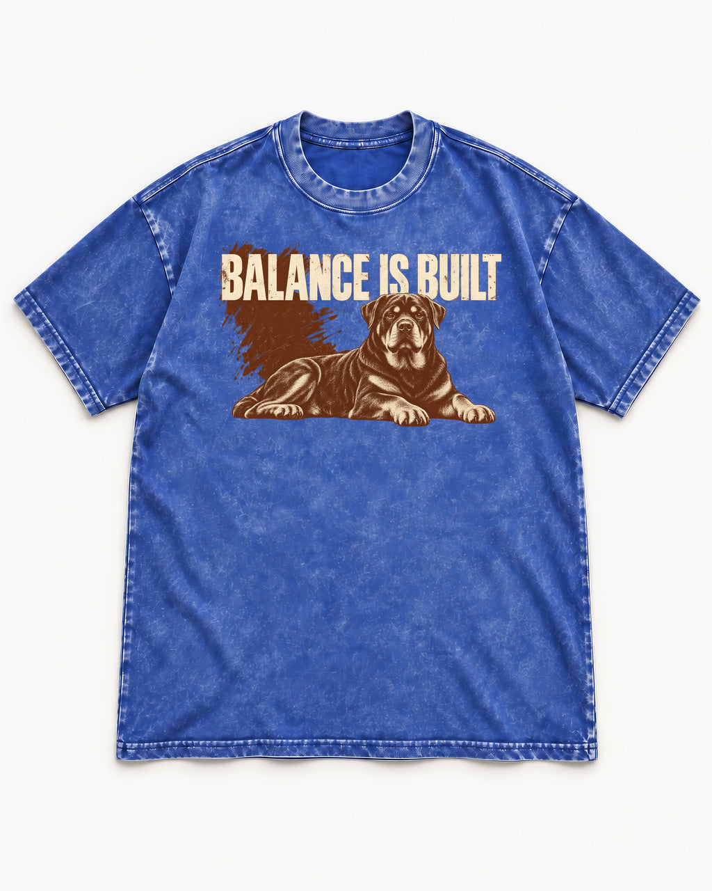 Rottweiler Balance Is Built Resting Strength Graphic Washed Tee in Royal Blue, flat lay product photo